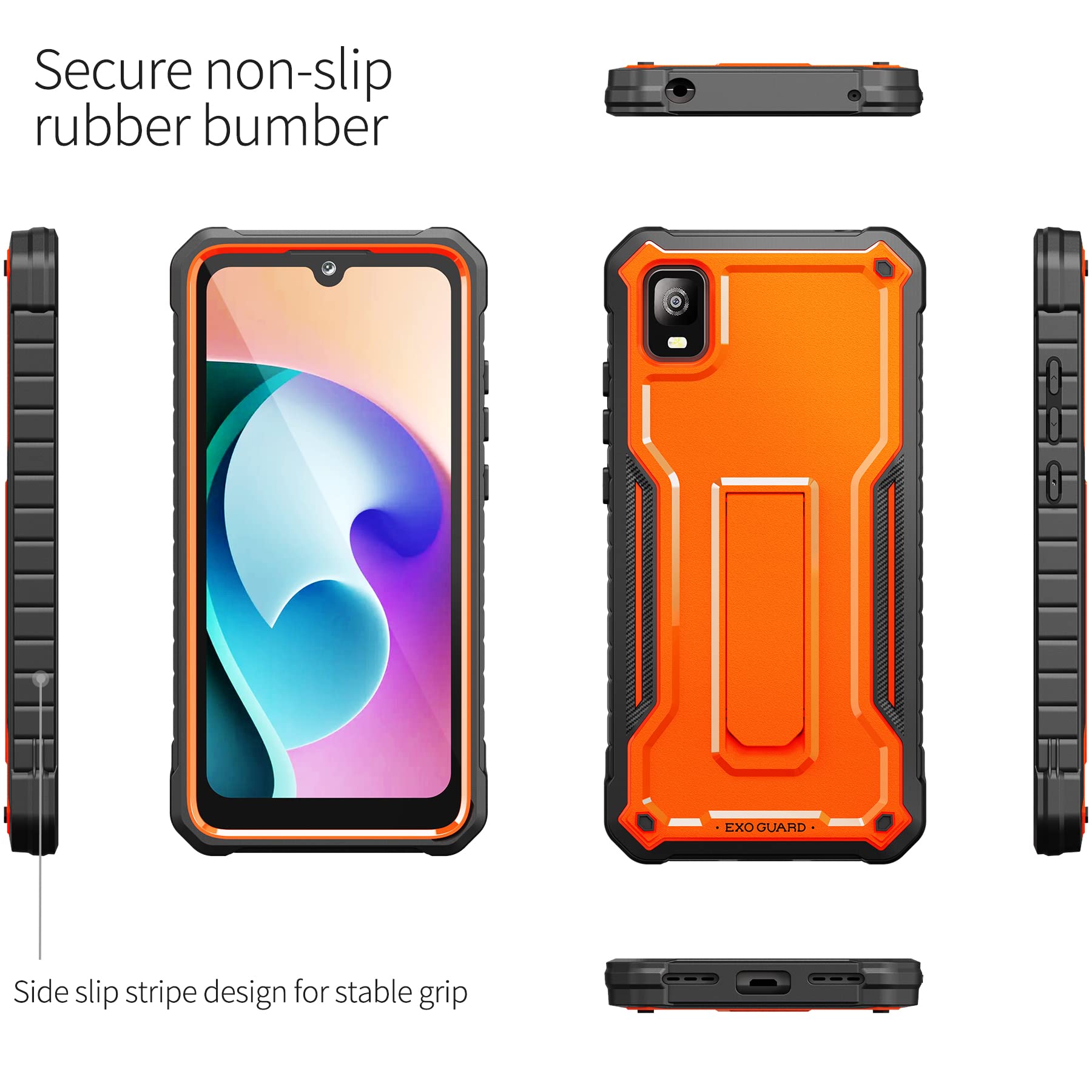 ExoGuard for TCL 30Z Case, TCL 30 LE Case, Rubber Shockproof Full-Body Cover Case Come with a Tempered Glass Screen Protector and Kickstand (Orange)