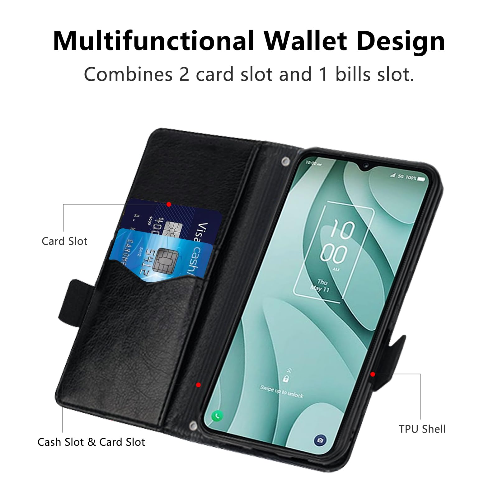 For TCL 40 XL / TCL 40XL Case, Magnetic Leather Card Slots TCL 40 XL Wallet Phone Case, Flip Silicone TPU Bumper Protective Cover with Kickstand, Shockproof folio Book Case for TCL 40 XL Black