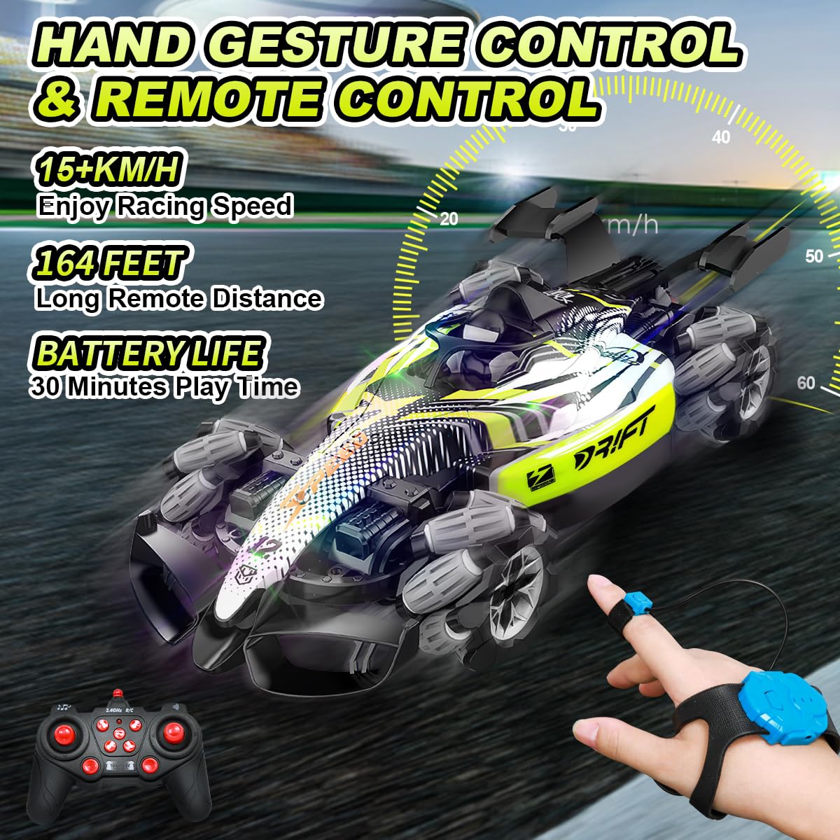 Axirata F1 Gesture Hand Remote Control Car for Kids Age 6-12 Year Old 2.4GHz 4WD 360°Rotation Drift RC Stunt Car with Light & Music & Spray 1:12 Scale Toy Car Gift for Boys Girls