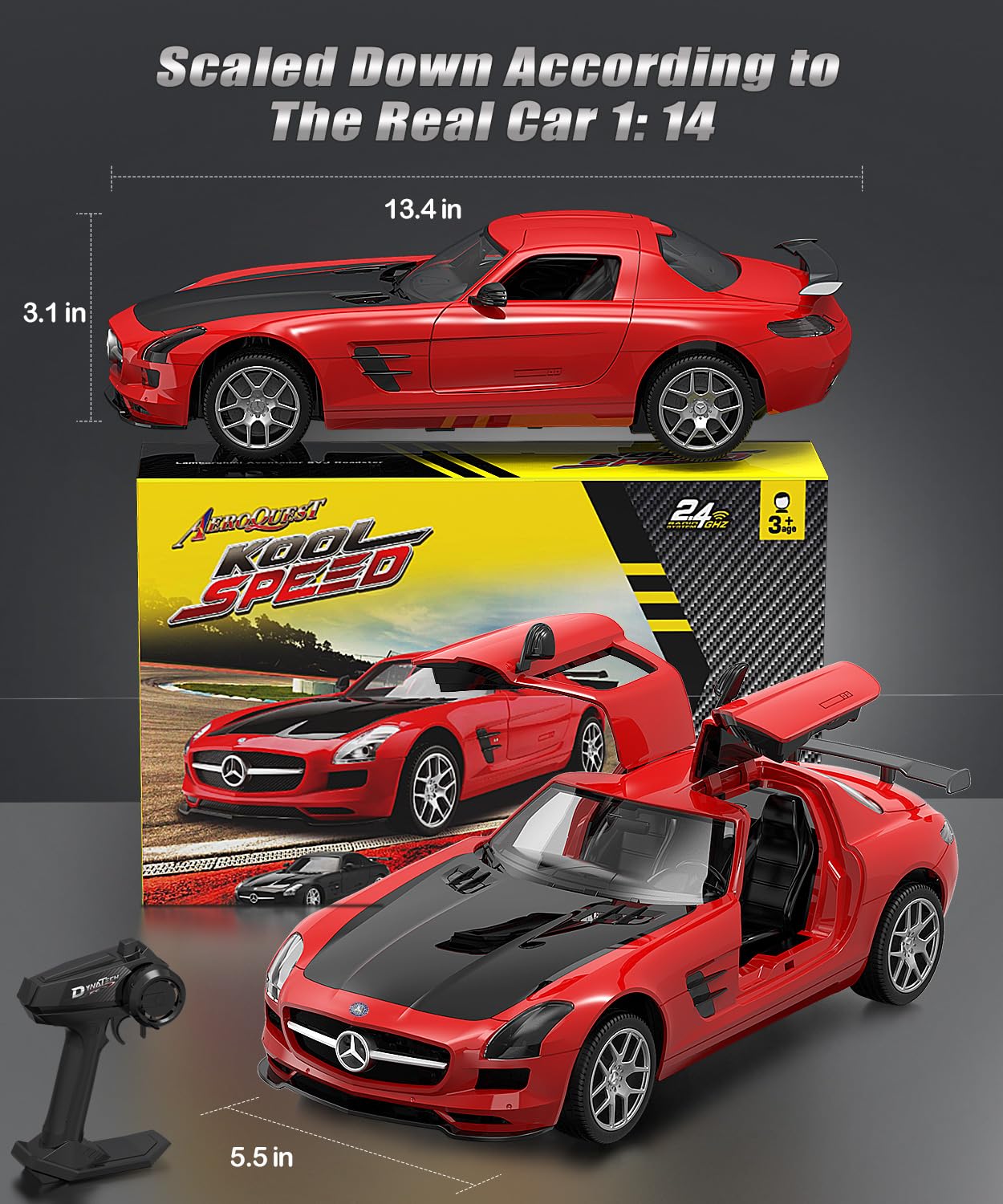 AEROQUEST Remote Control Car, 1:14 Scale Mercedes Benz Rc Cars Officially Licensed 15Km/h Fast Toy Car 7.4V 500mAh with Led Light 2.4Ghz Drift Car for Adults Boys Girls Birthday, Red