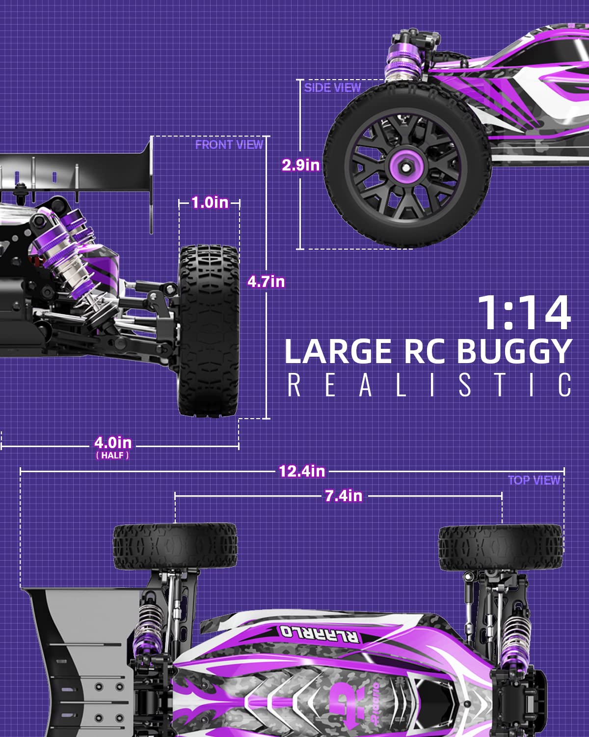 CROBOLL 1:14 Brushless Fast RC Cars for Adults with Independent ESC,Top Speed 90+KPH 4X4 Hobby Off-Road RC Truck,Oil Filled Shocks Remote Control Monster Truck for Boys(Purple)