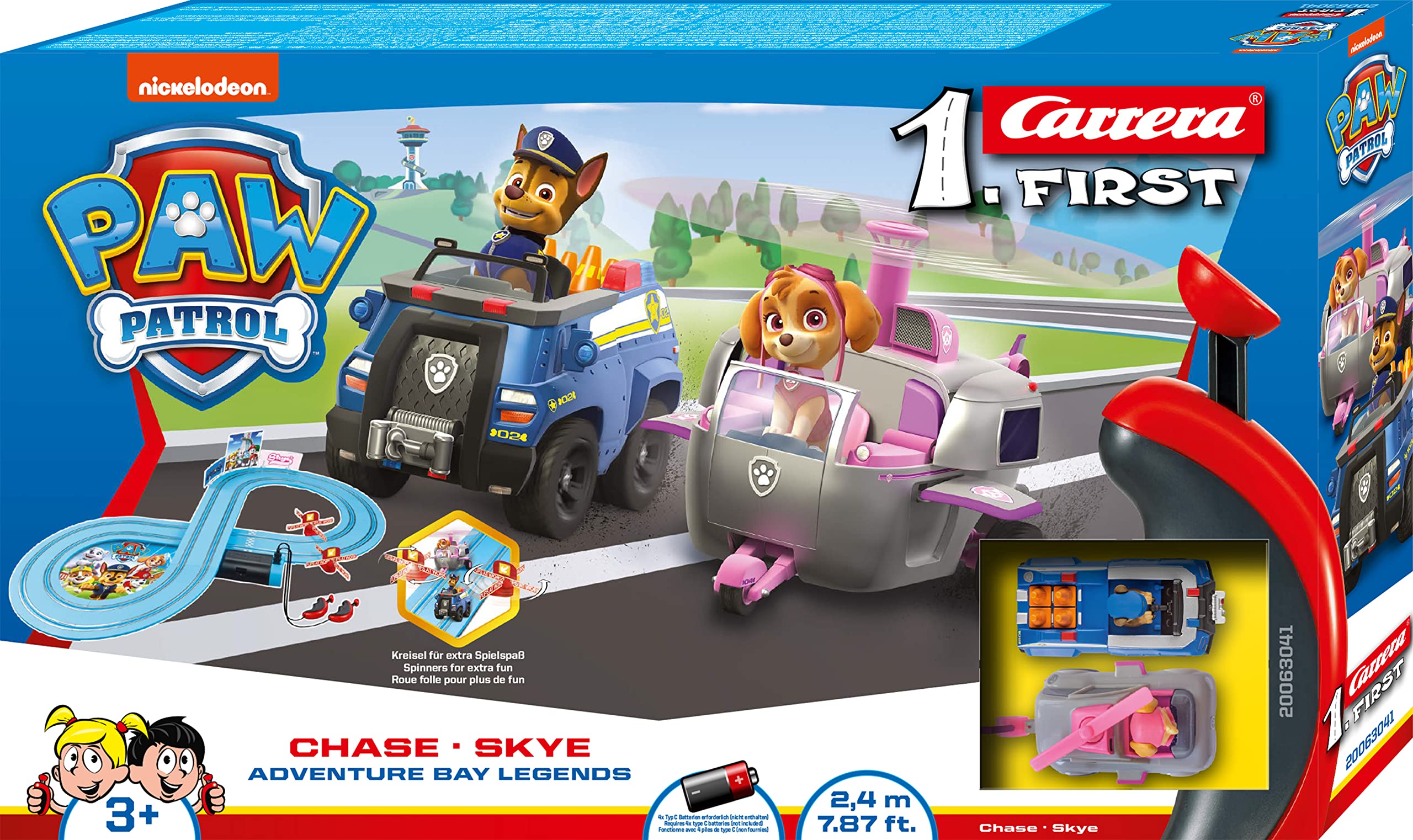 Carrera First Paw Patrol - Slot Car Race Track - Includes 2 Cars: Chase and Skye - Battery-Powered Beginner Racing Set for Kids Ages 3 Years and Up,