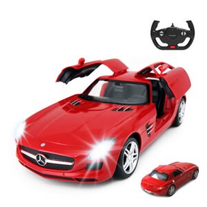 rastar rc car | 1/14 scale rc mercedes-benz sls amg remote control car for kids, benz model car with open doors/working lights - red