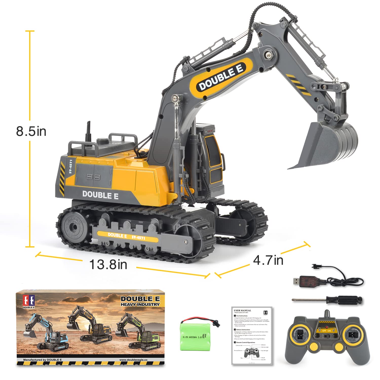 DOUBLE E Remote Control Excavator Toy Construction Toys Tractor Rechargeable Battery RC Vehicles Electric Truck Sandbox Digger Toys for Boys Girls Kids, Gray