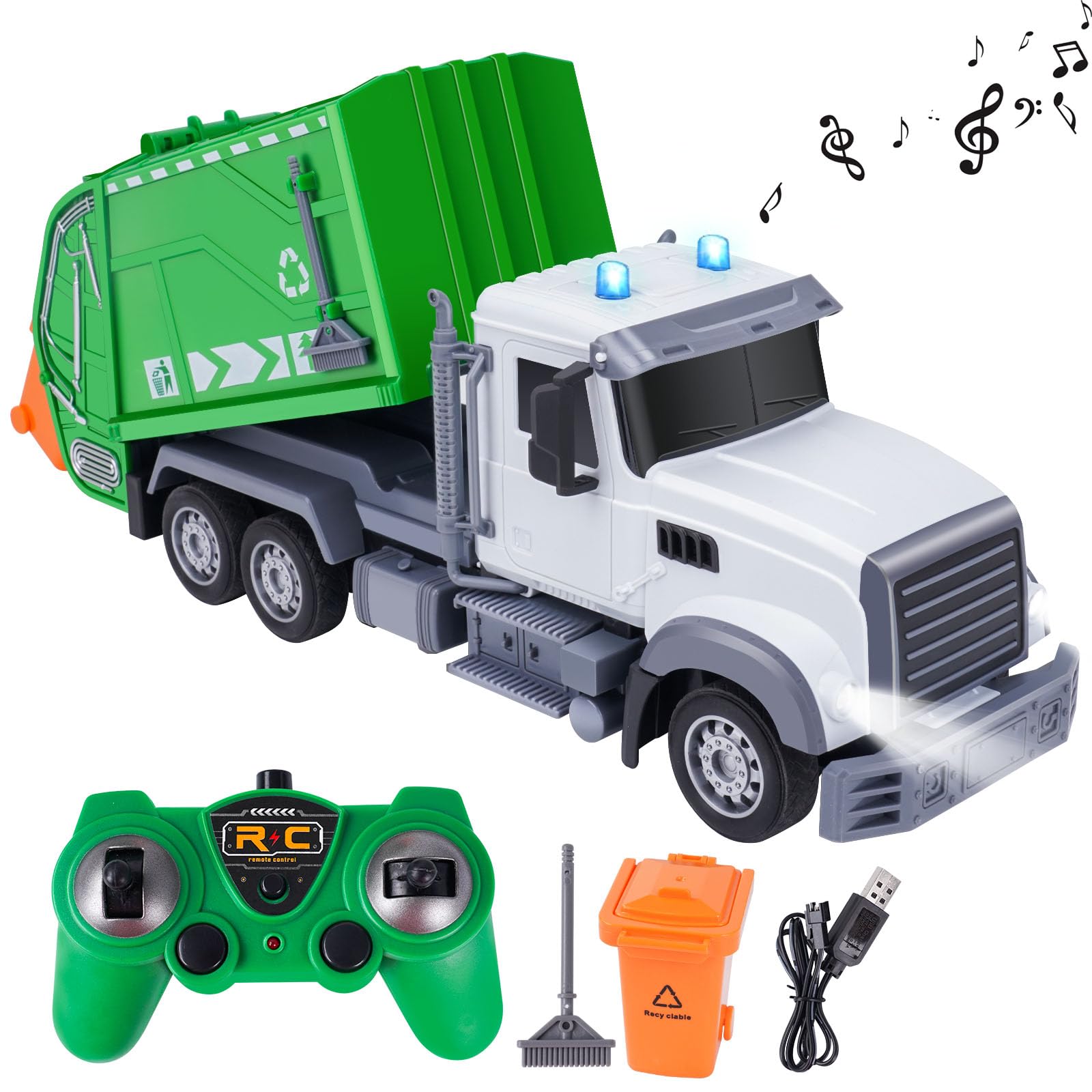 Hiitytin 2.4ghz Remote Control Garbage Truck Toys, 1:24 RC Recycling Trash Truck with Rechargeable Batteries, 6 Channel Rc Waste Management Garbage Truck & with Lights Gift for Kids Boys Girls 3+