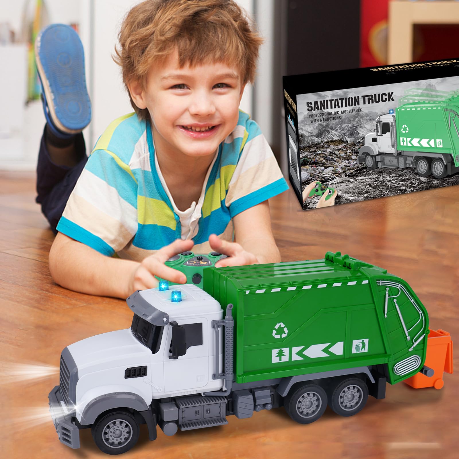 Hiitytin 2.4ghz Remote Control Garbage Truck Toys, 1:24 RC Recycling Trash Truck with Rechargeable Batteries, 6 Channel Rc Waste Management Garbage Truck & with Lights Gift for Kids Boys Girls 3+