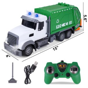 Hiitytin 2.4ghz Remote Control Garbage Truck Toys, 1:24 RC Recycling Trash Truck with Rechargeable Batteries, 6 Channel Rc Waste Management Garbage Truck & with Lights Gift for Kids Boys Girls 3+