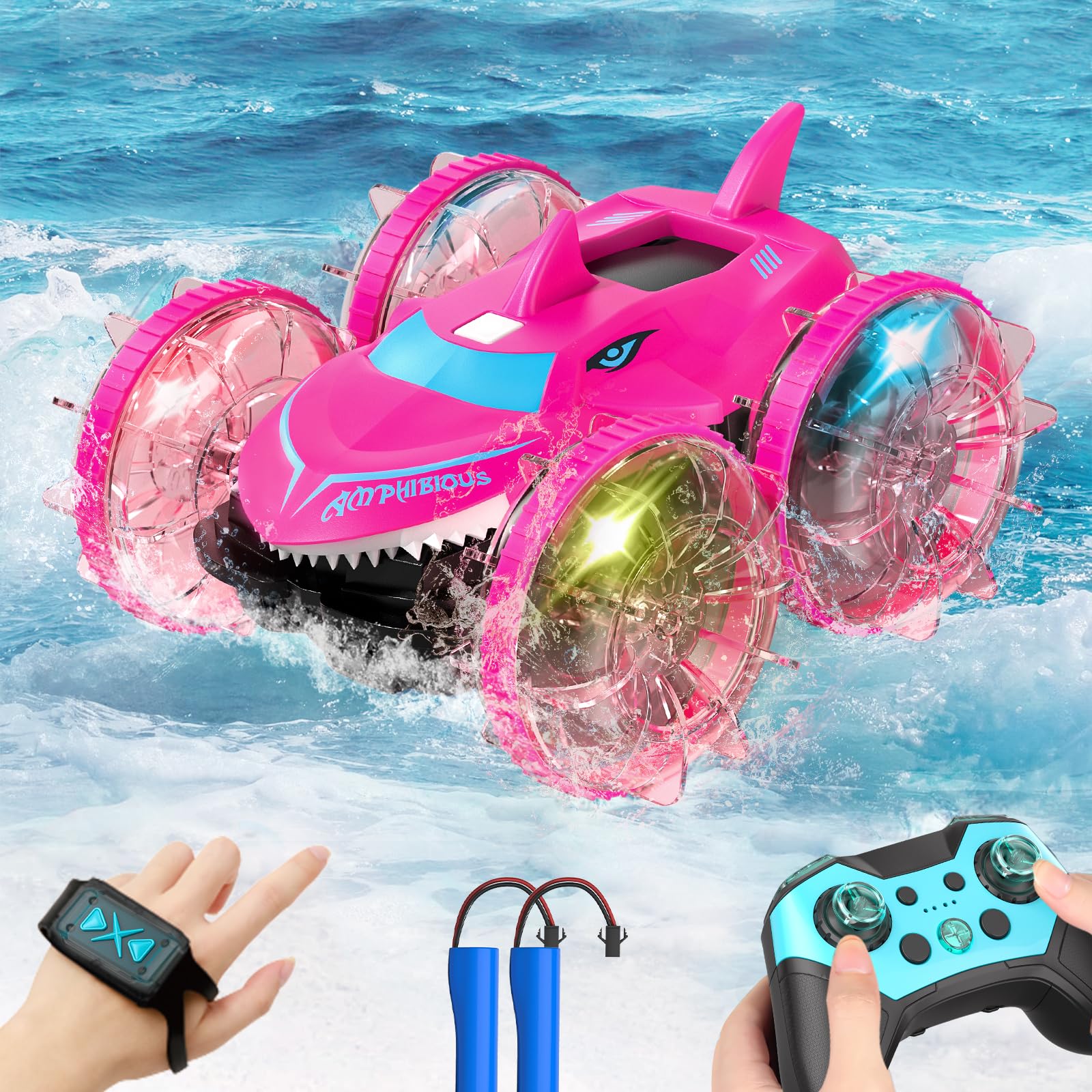 Axirata Amphibious RC Car with Lights for Kids 6-12 Year Old Girls Toy Gesture Hand Remote Control Boat 4WD 2.4GHz Waterproof RC Stunt Car 360° Rotating Water Beach Pool Toys Gift for Girls Kids