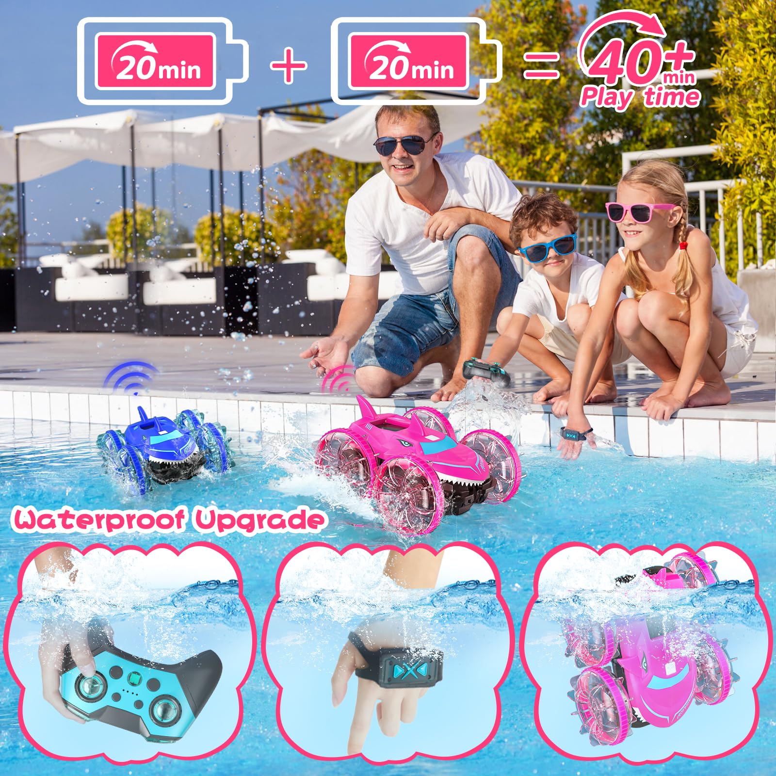 Axirata Amphibious RC Car with Lights for Kids 6-12 Year Old Girls Toy Gesture Hand Remote Control Boat 4WD 2.4GHz Waterproof RC Stunt Car 360° Rotating Water Beach Pool Toys Gift for Girls Kids