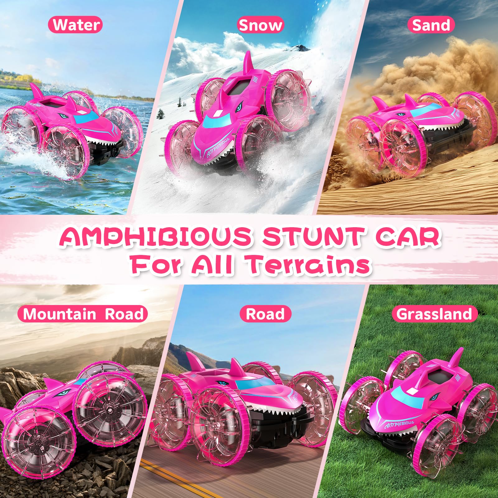 Axirata Amphibious RC Car with Lights for Kids 6-12 Year Old Girls Toy Gesture Hand Remote Control Boat 4WD 2.4GHz Waterproof RC Stunt Car 360° Rotating Water Beach Pool Toys Gift for Girls Kids