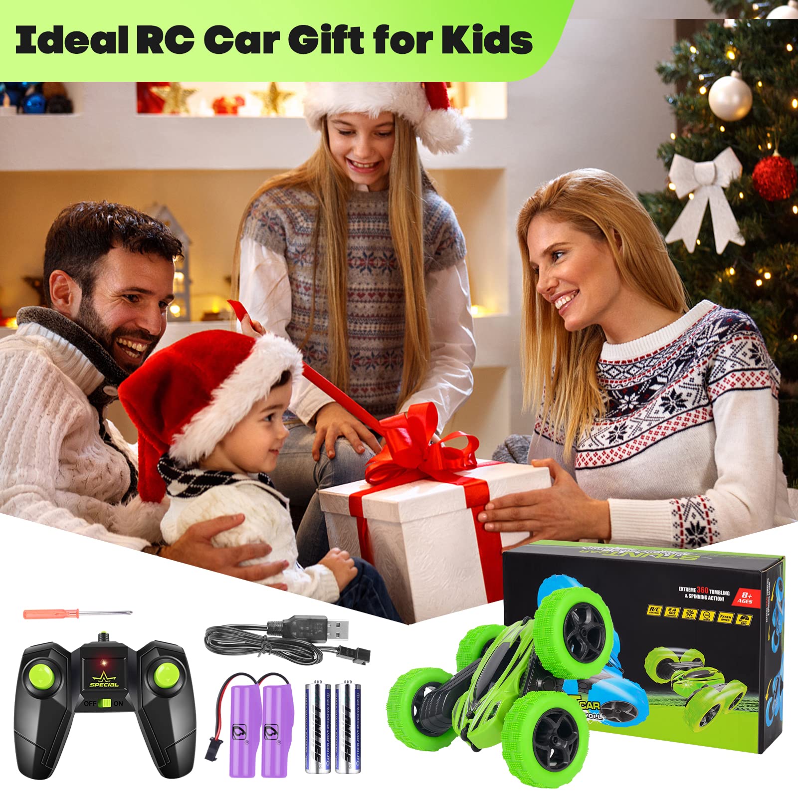 Rcfunkid Remote Control Car, 4WD RC Cars with Double Sided 360 Degrees Tumbling and Rotating, 2.4GHZ RC Stunt Car with LED, Remote Control Car for Boys and Girls 4-7