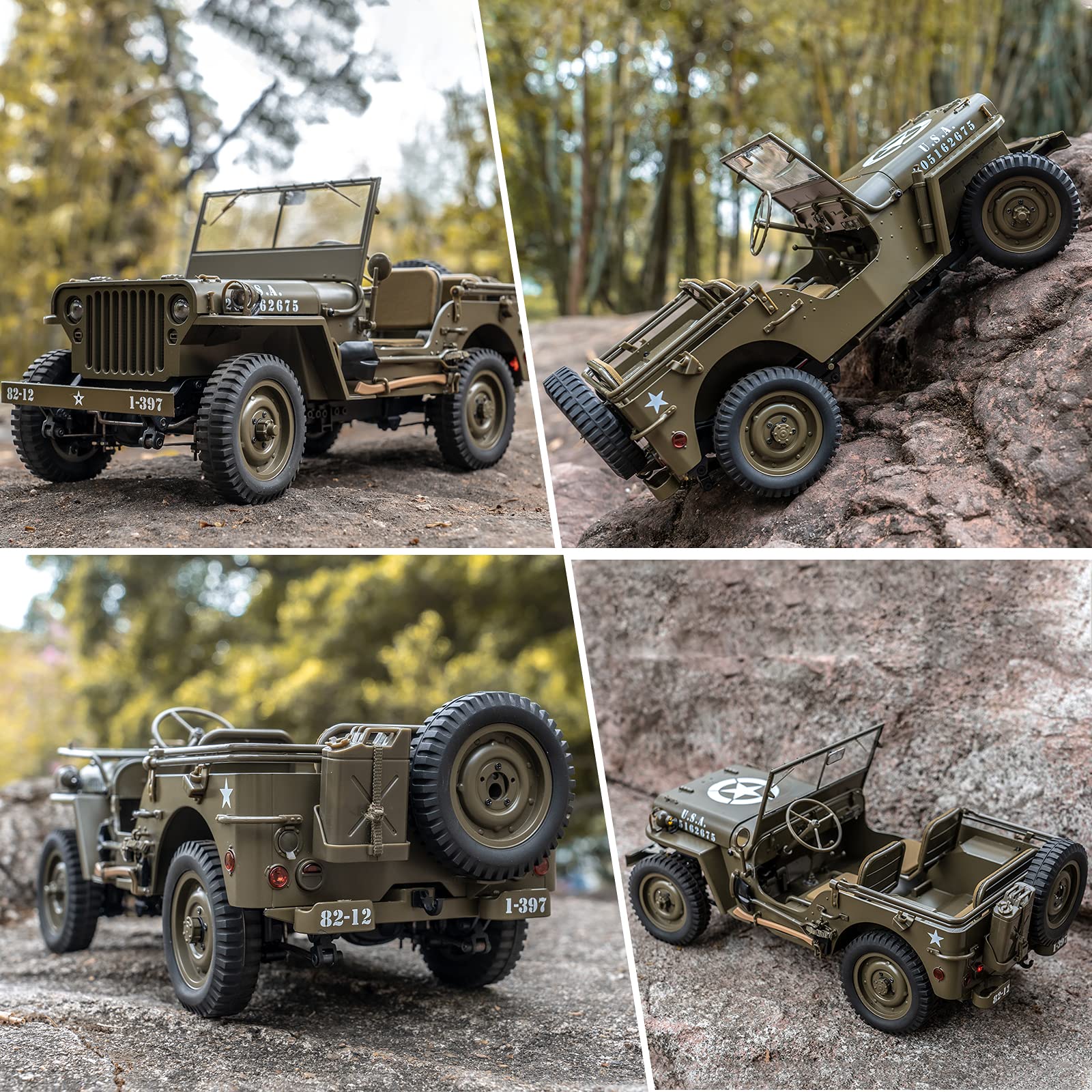 WOWRC RocHobby 1/12 1941 MB Scaler RC Jeep, 4x4 Hobby Grade RTR RC Car Mini RC Rock Crawler Military, 2.4Ghz RC Truck with 180 Brushed Motor, LED Lights, Battery and USB Charger for Adults