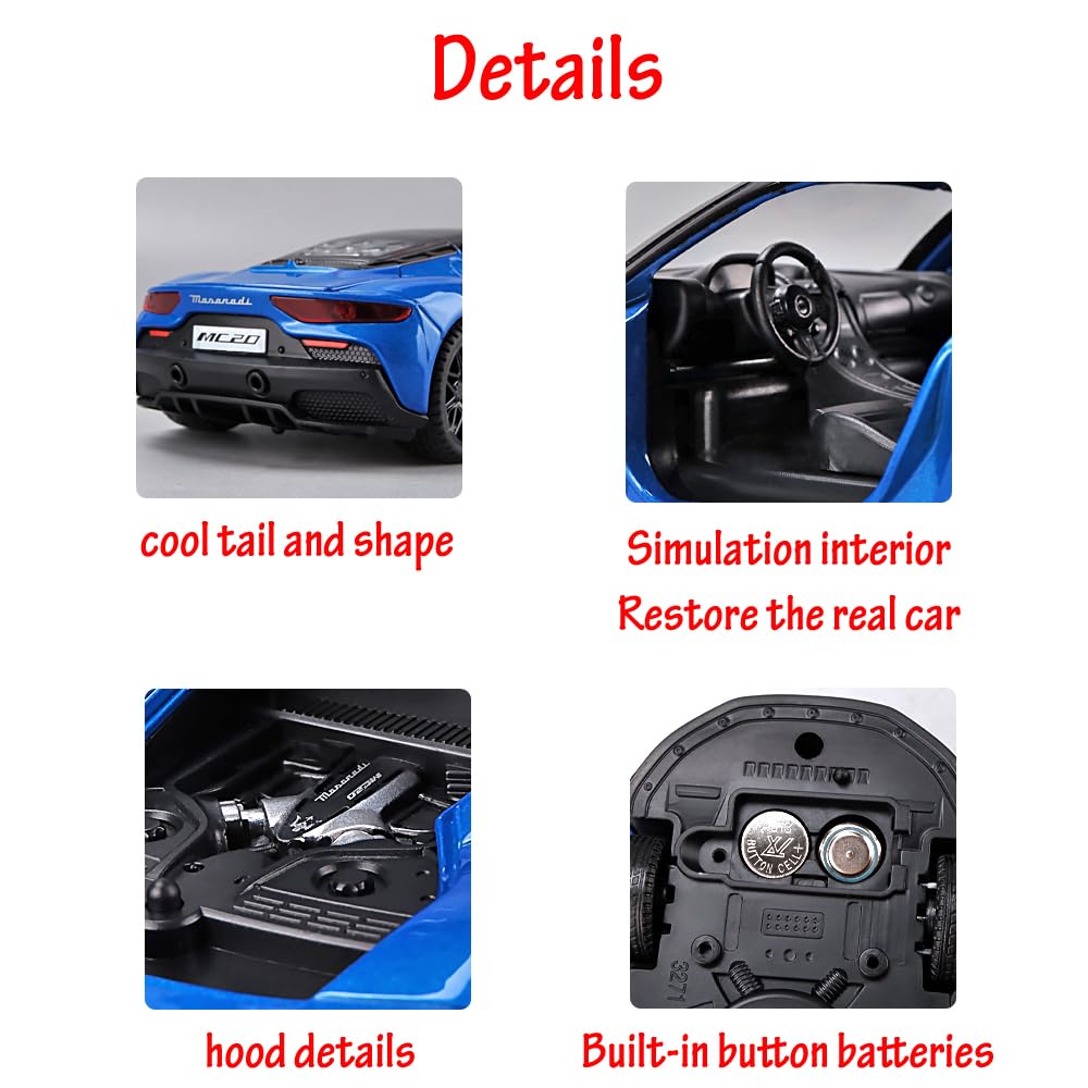 Alloy Collectible Toy Cars Model Blue Maserati MC20 Diecast Pull Back Vehicles with Light&Sound