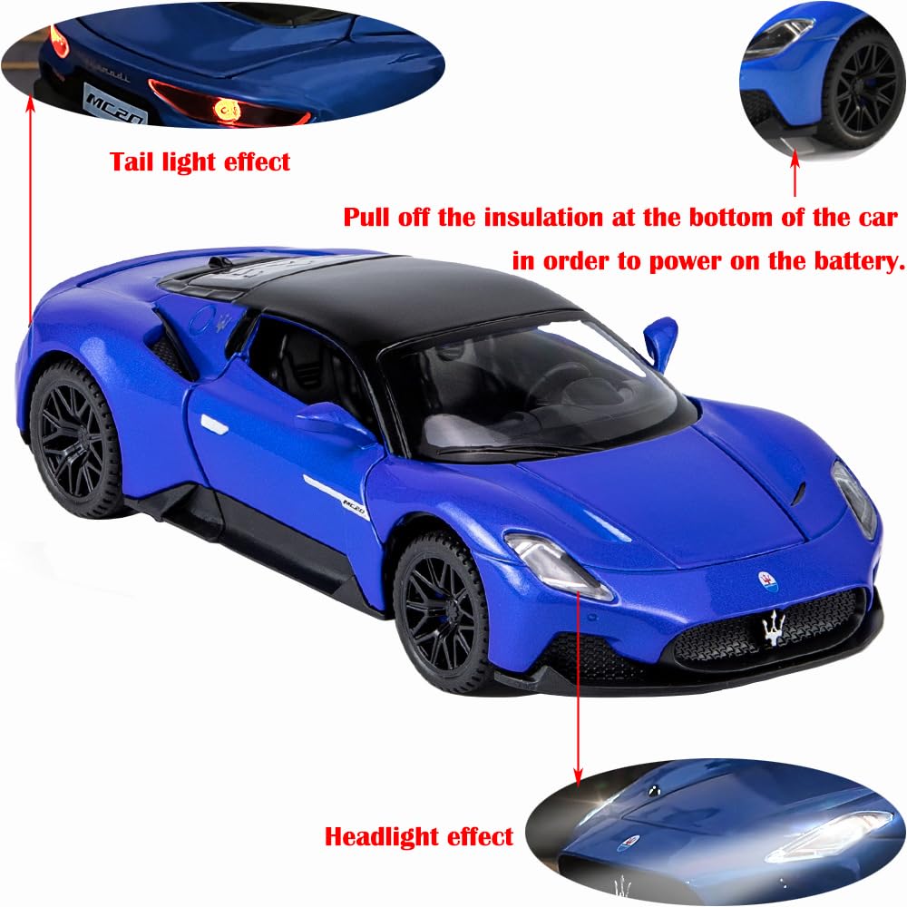 Alloy Collectible Toy Cars Model Blue Maserati MC20 Diecast Pull Back Vehicles with Light&Sound