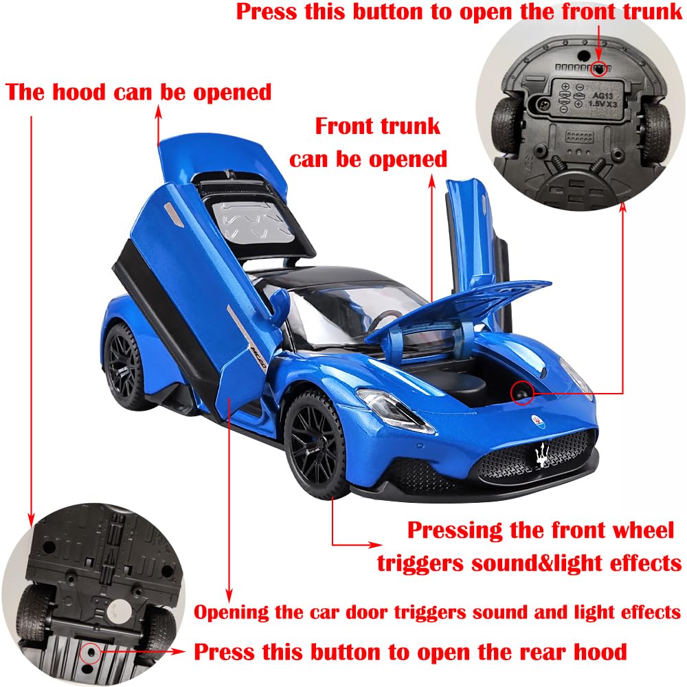 Alloy Collectible Toy Cars Model Blue Maserati MC20 Diecast Pull Back Vehicles with Light&Sound