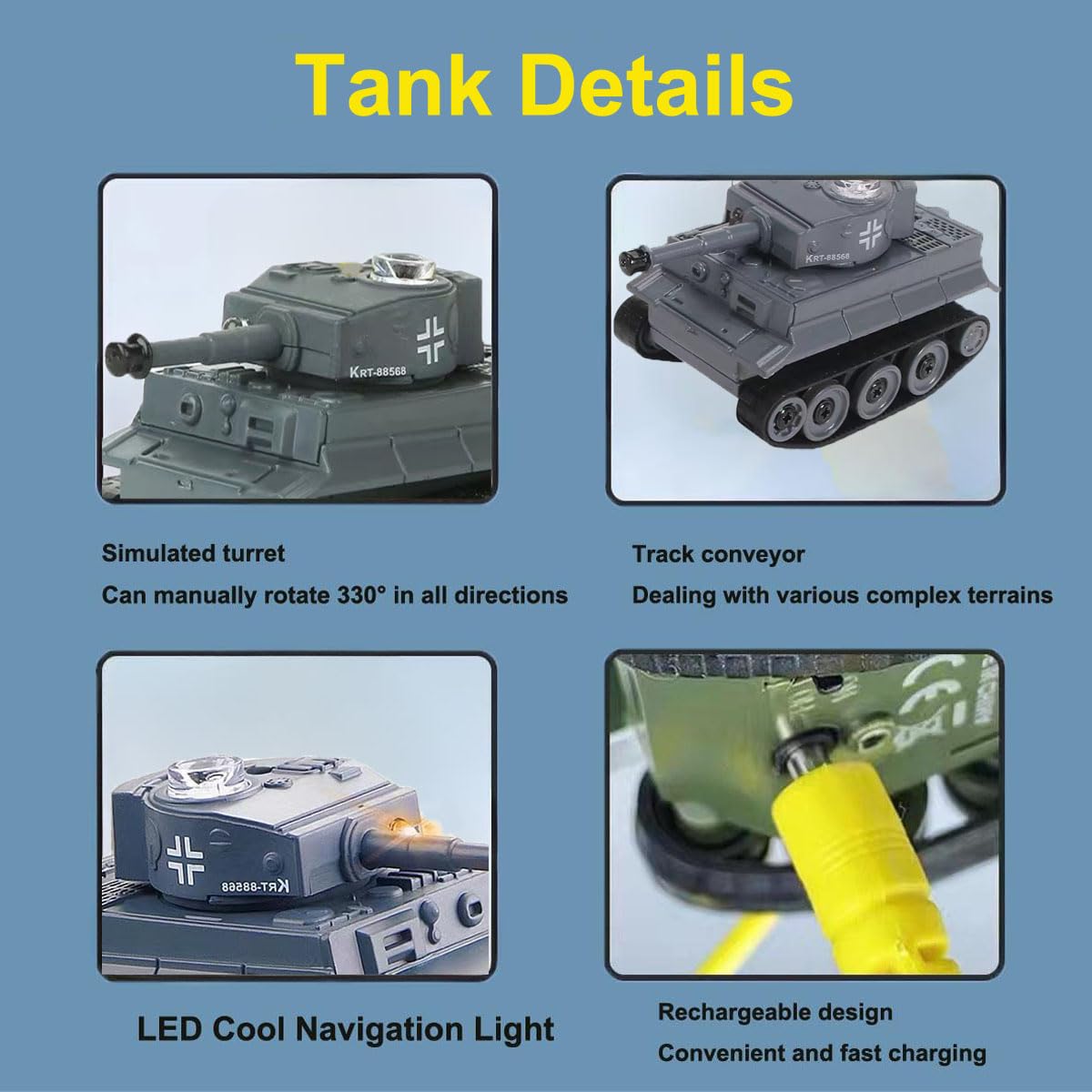 Mini German WW2 Tiger Battle Tank Gray RC 1/72 Scale Model IR Remote Control Military Vehicle with LED