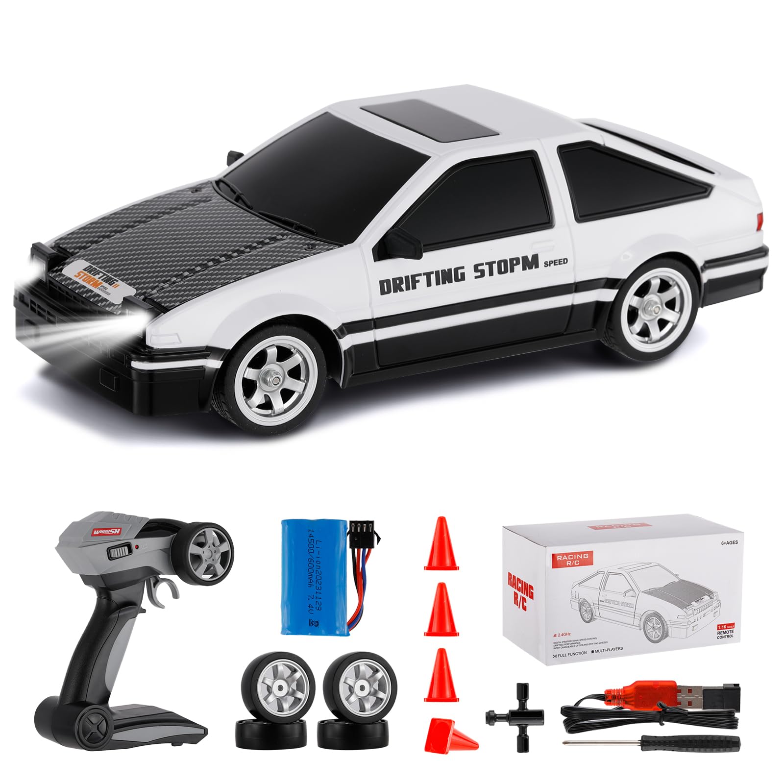 GoolRC RC Drift Car, 1:16 Scale Remote Control Car, 4WD RC Cars, 30KM/H High Speed RC Racing Car with LED Lights, and Drifting Tire for Kids and Adults (White)