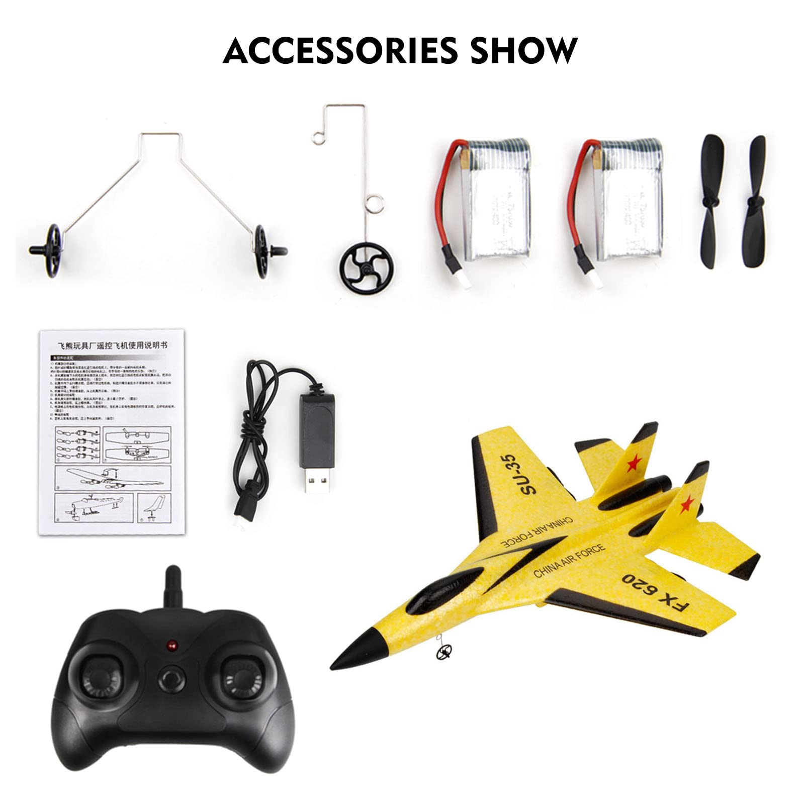 GoolRC FX620 RC Airplane, 2.4GHz Remote Control Airplane, 2 Channel RC Plane, SU-35 RC Glider EPP Aircraft Model with 3-Axis Gyro, Outdoor Flight Toys for Kids and Adults with 2 Battery (Yellow)