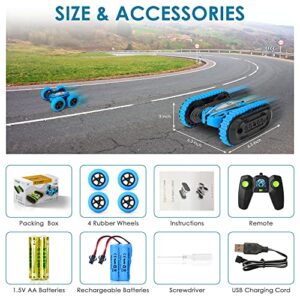 2-in-1 Remote Control Car, Rechargeable Remote Control Crawler for Kids Age 3 Years and up, Changeable Wheels, Double-Side 360° Flips, LED Headlights, Fast Stunt Toy Race Cars for Toddlers-Blue