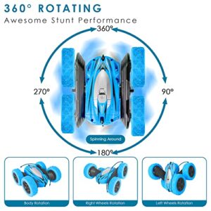 2-in-1 Remote Control Car, Rechargeable Remote Control Crawler for Kids Age 3 Years and up, Changeable Wheels, Double-Side 360° Flips, LED Headlights, Fast Stunt Toy Race Cars for Toddlers-Blue