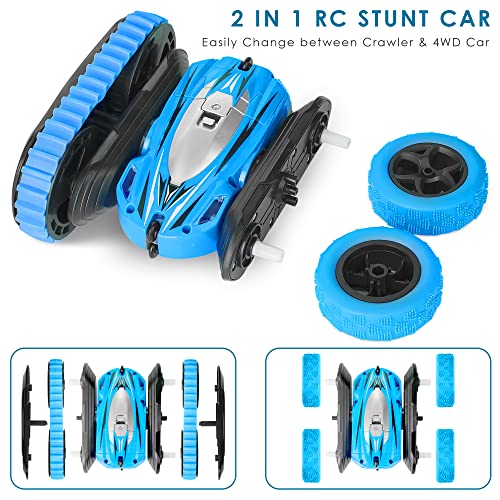 2-in-1 Remote Control Car, Rechargeable Remote Control Crawler for Kids Age 3 Years and up, Changeable Wheels, Double-Side 360° Flips, LED Headlights, Fast Stunt Toy Race Cars for Toddlers-Blue