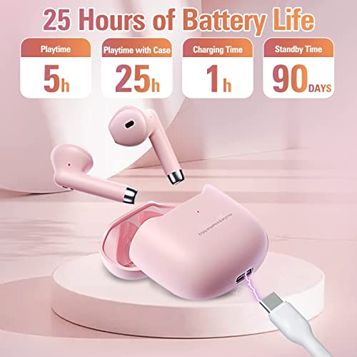 Pink True Wireless Earbuds Bluetooth 5.3 with Microphone for Working Out Noise Canceling Blue Tooth Ear Buds Deep Bass TWS Wireless Earphones with Charging Case in Ear Headphone for iPhone Android