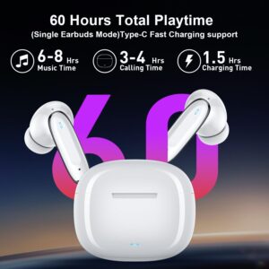 Wireless Earbuds Bluetooth Headphones 60Hrs Playtime Ear Buds Noise Cancelling Headset Deep Bass in-Ear Earphones with Mic for iPhone Android White (颜色)