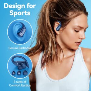 GNMN Bluetooth Headphones Wireless Earbuds 80hrs Playback IPX7 Waterproof Ear Buds Over-Ear Stereo Bass Earphones with Earhooks Microphone LED Battery Display for Sports/Workout/Gym/Running Blue