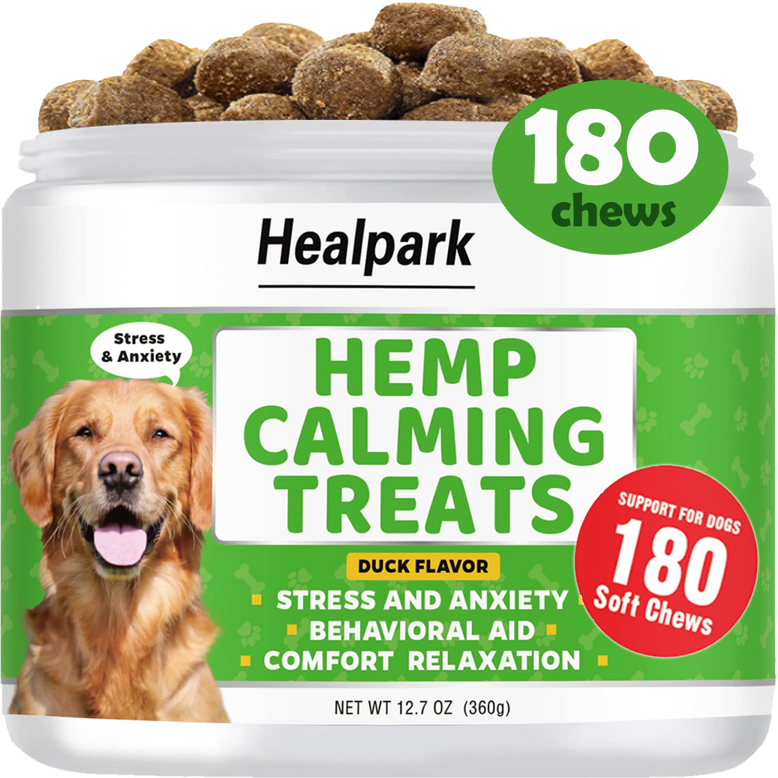 Hemp Calming Chews for Dogs with Anxiety and Stress - Dog Anxiety Relief, Separation, Storms, Barking - Melatonin, Hemp Oil, Valerian Root, L-Tryptophan, Chamomile -180 Dog Calming Treats - Duck