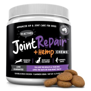 advanced joint repair + hemp hip & joint health supplement for dogs - relieves arthritis, pain & inflammation, improve mobility, extra strength soft chew treats with glucosamine, chondroitin & msm