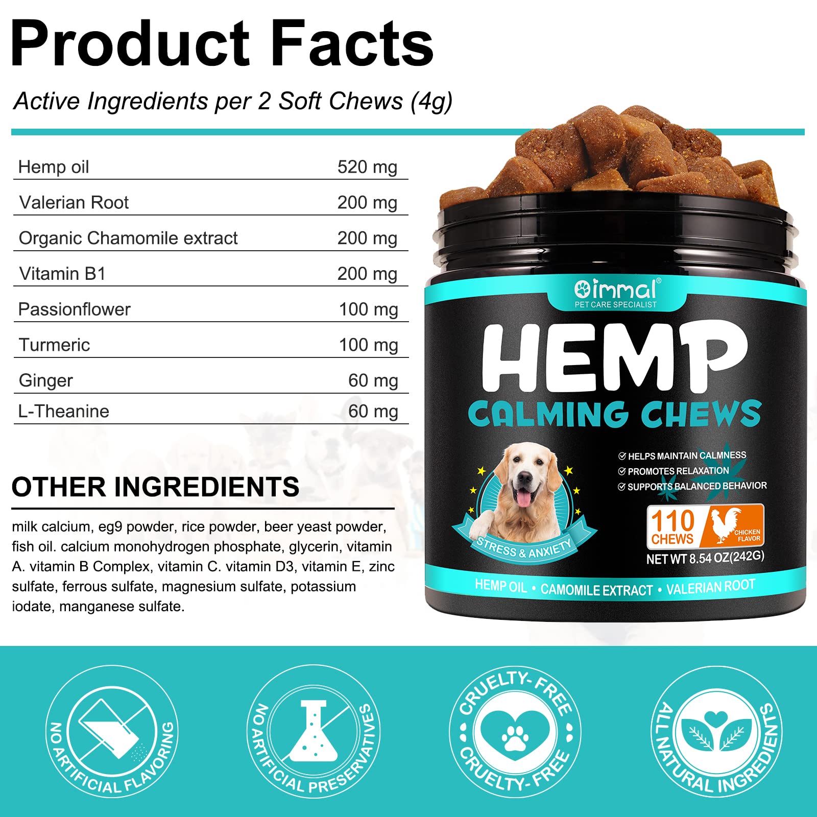 PLSHSBSE Hemp Calming Chews for Dogs, 110PCS Calming Treats for Dogs Anxiety Relief, Advanced Dog Calming Chews, Sleep Aids for Dogs Traval-Thunderstorm-Seperations (Chicken Flavor)