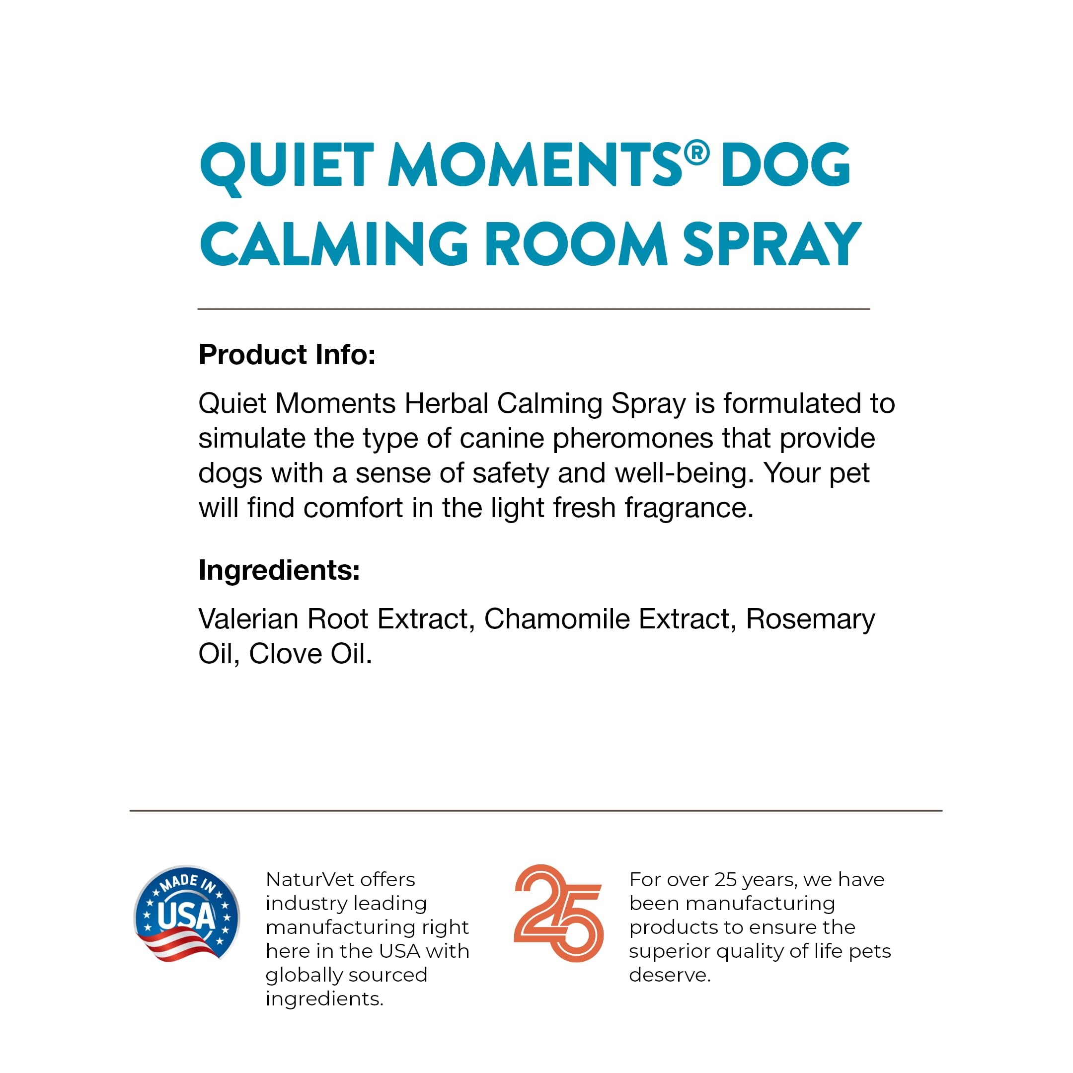 NaturVet Quiet Moments Herbal Calming Room Spray Dog Supplement – Ideal for Cars, Dog Crates, New Environments – Helps Reduce Pet Stress, Storm Anxiety, Motion Sickness – 8 Oz.