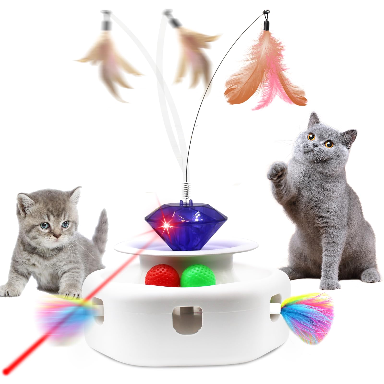 KugobarNe 4 in1 Automatic Laser Cat Toy, Interactive Kitten Toy Cat Laser Pointer Toy, Fluttering Butterfly Electronic Cat Toy, Moving Ambush Feather, Track Balls, Cat interactive Toys for Indoor Cats
