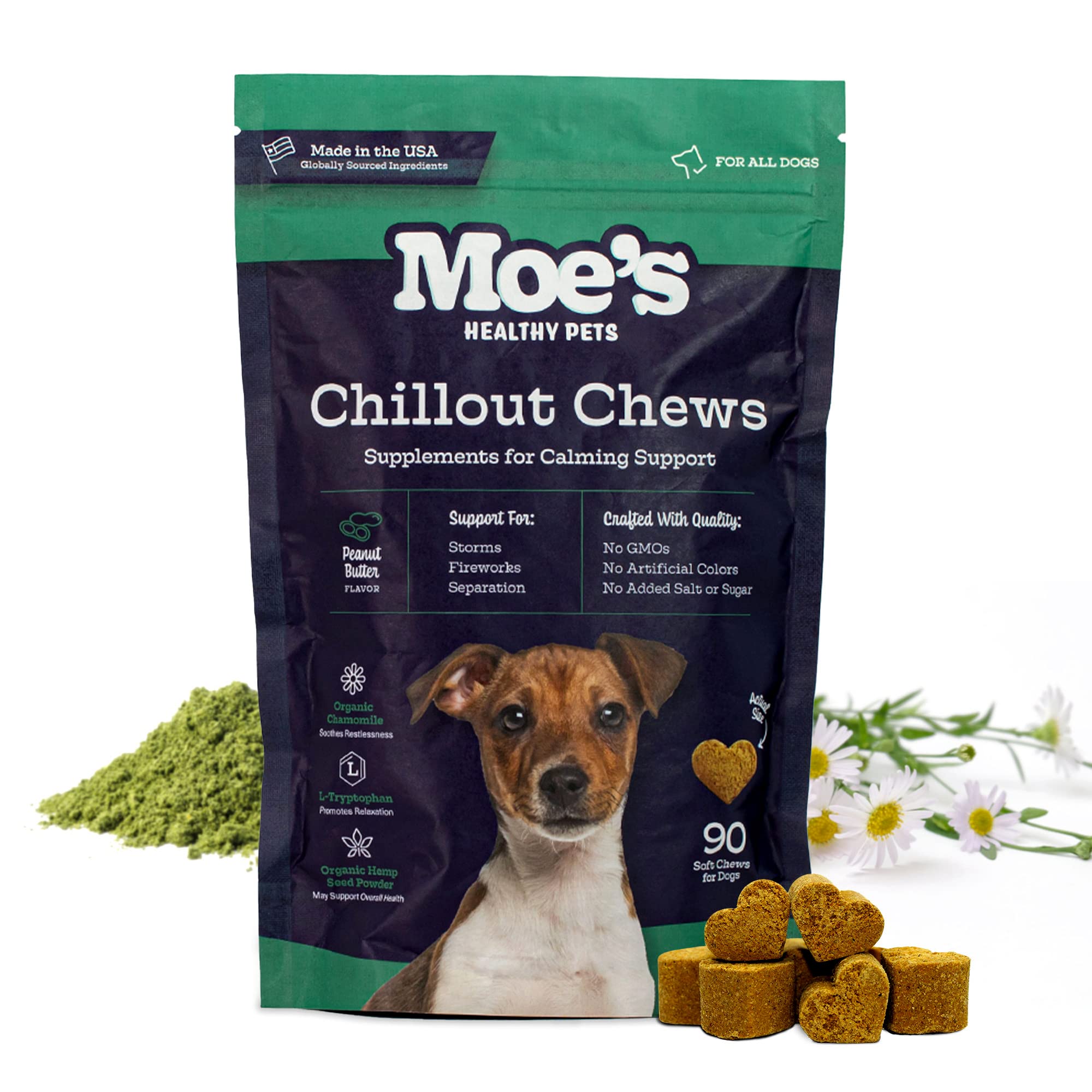 Moe’s Hemp Calming Chews for Dogs - Helps Aid with Storms, Fireworks, Chewing, Barking, Travel, Stress, Anxiety & Separation Anxiety - Tryptophan + Chamomile - Made in The USA - (Peanut Butter)