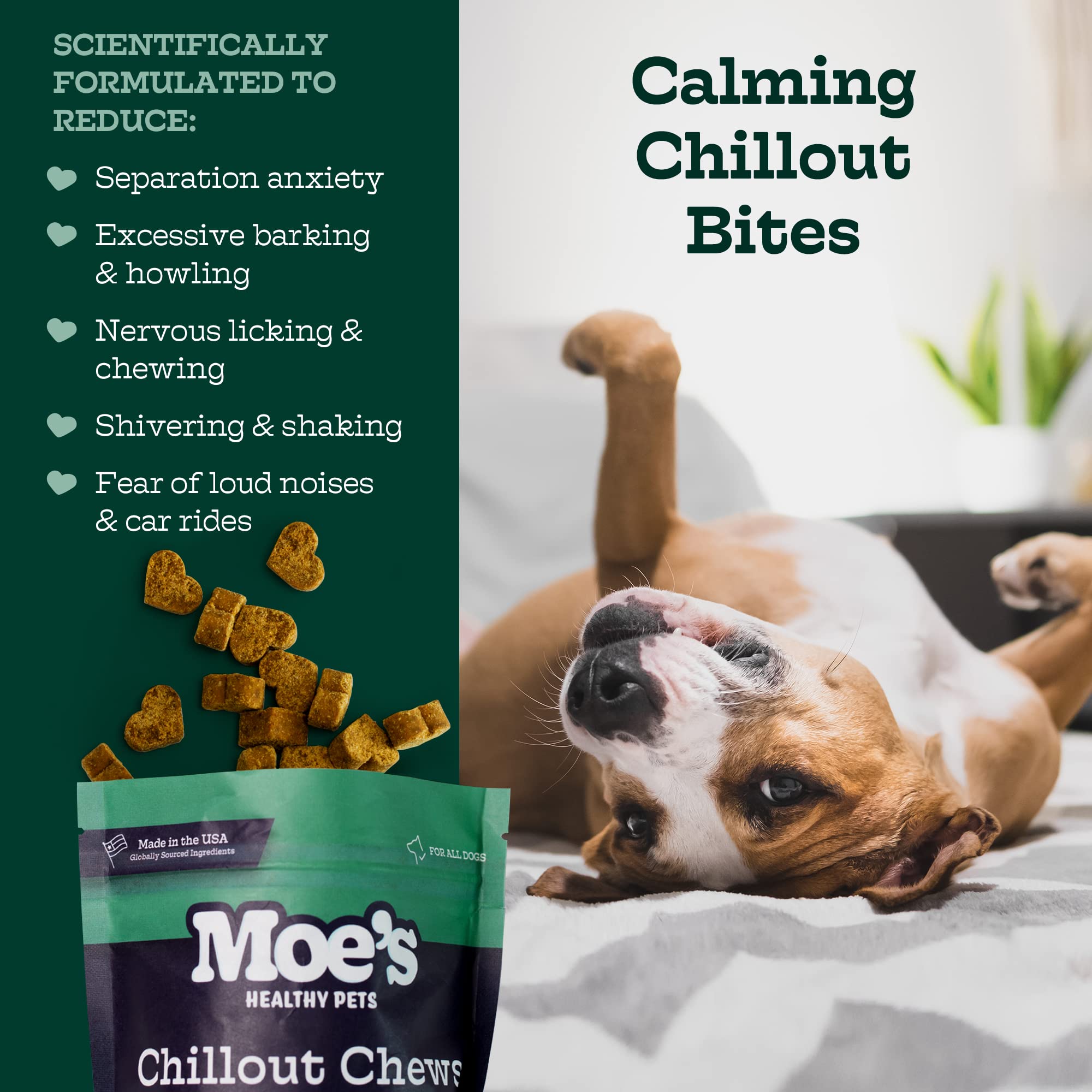 Moe’s Hemp Calming Chews for Dogs - Helps Aid with Storms, Fireworks, Chewing, Barking, Travel, Stress, Anxiety & Separation Anxiety - Tryptophan + Chamomile - Made in The USA - (Peanut Butter)