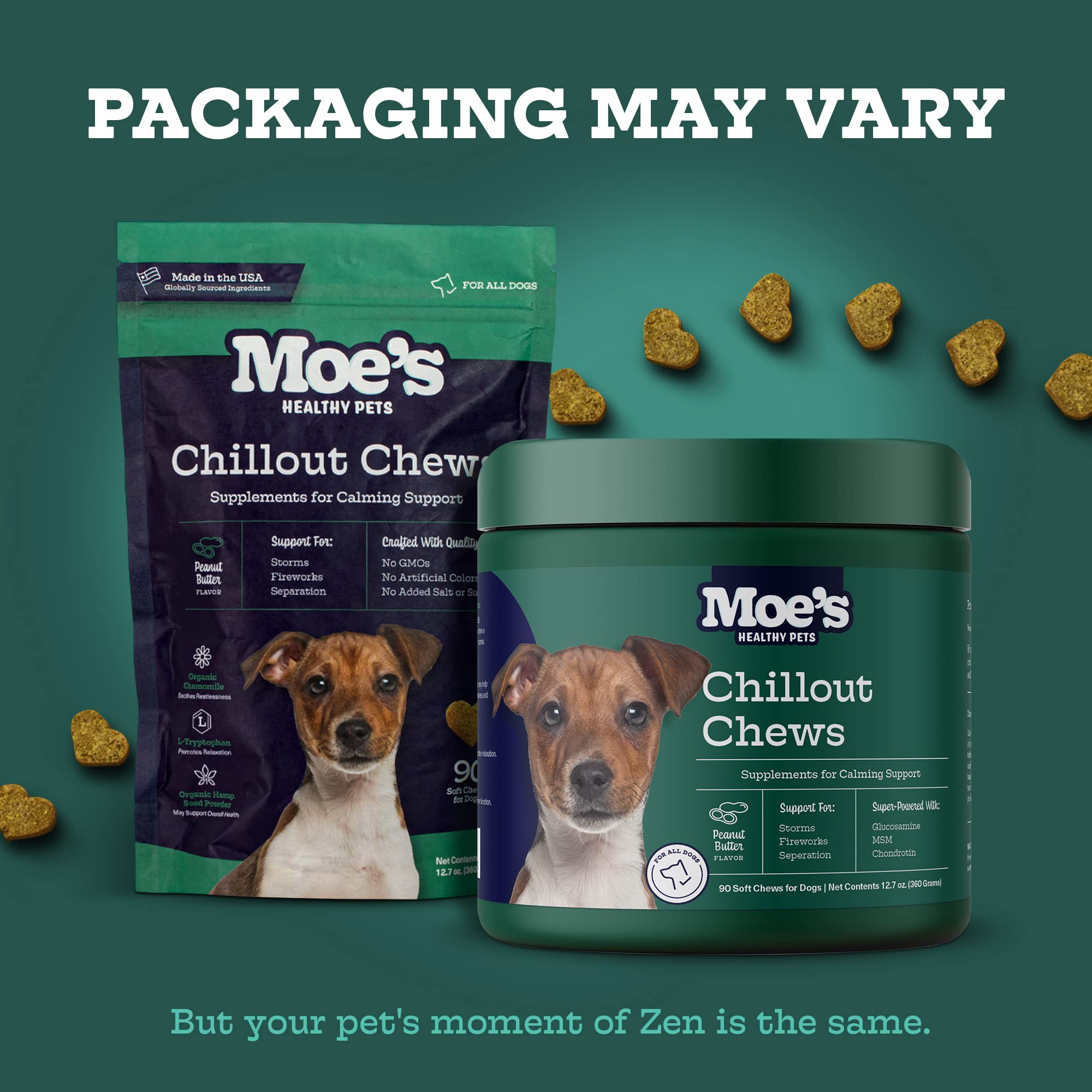 Moe’s Hemp Calming Chews for Dogs - Helps Aid with Storms, Fireworks, Chewing, Barking, Travel, Stress, Anxiety & Separation Anxiety - Tryptophan + Chamomile - Made in The USA - (Peanut Butter)