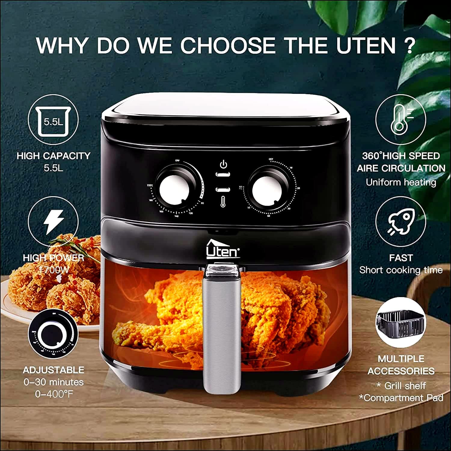 Air Fryer 5.8Qt/5.5L - Uten Electric Airfryer with Temperature Control, Timer, Non-Stick Fry Basket, 1700W High-power, Fast Oven Oilless Cooker, Dishwasher Safe - A Great Kitchen Assistant