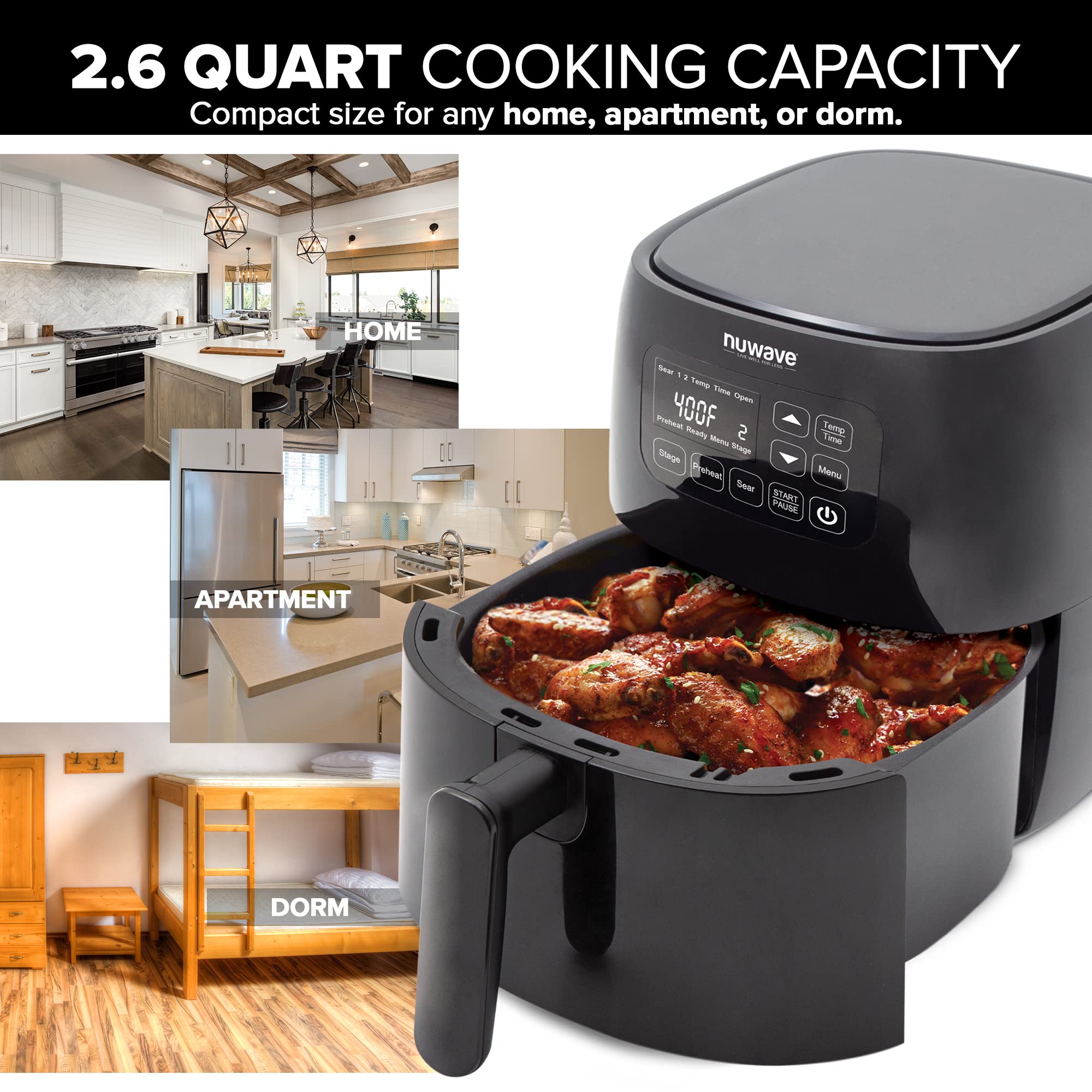 Nuwave Brio 2.6-Qt Air Fryer, Touch Screen Digital Controls & Easy to Read Display, 50°F-400°F Temperature Controls in 5° Increments, Linear Thermal (Linear T) Technology, Built-In Safety Features