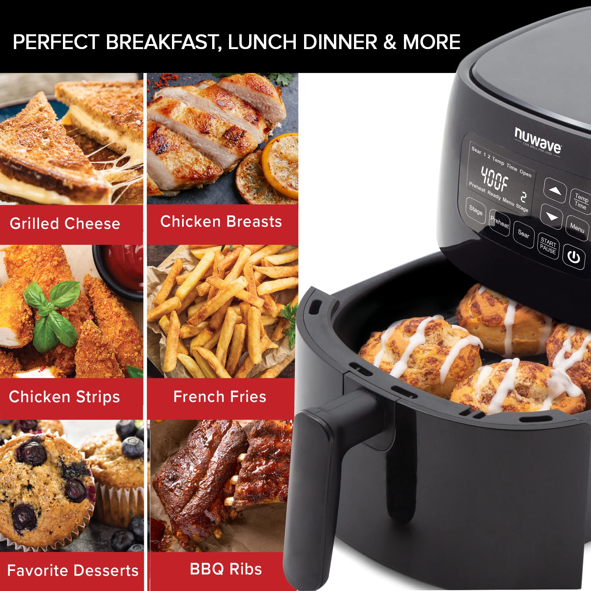 Nuwave Brio 2.6-Qt Air Fryer, Touch Screen Digital Controls & Easy to Read Display, 50°F-400°F Temperature Controls in 5° Increments, Linear Thermal (Linear T) Technology, Built-In Safety Features