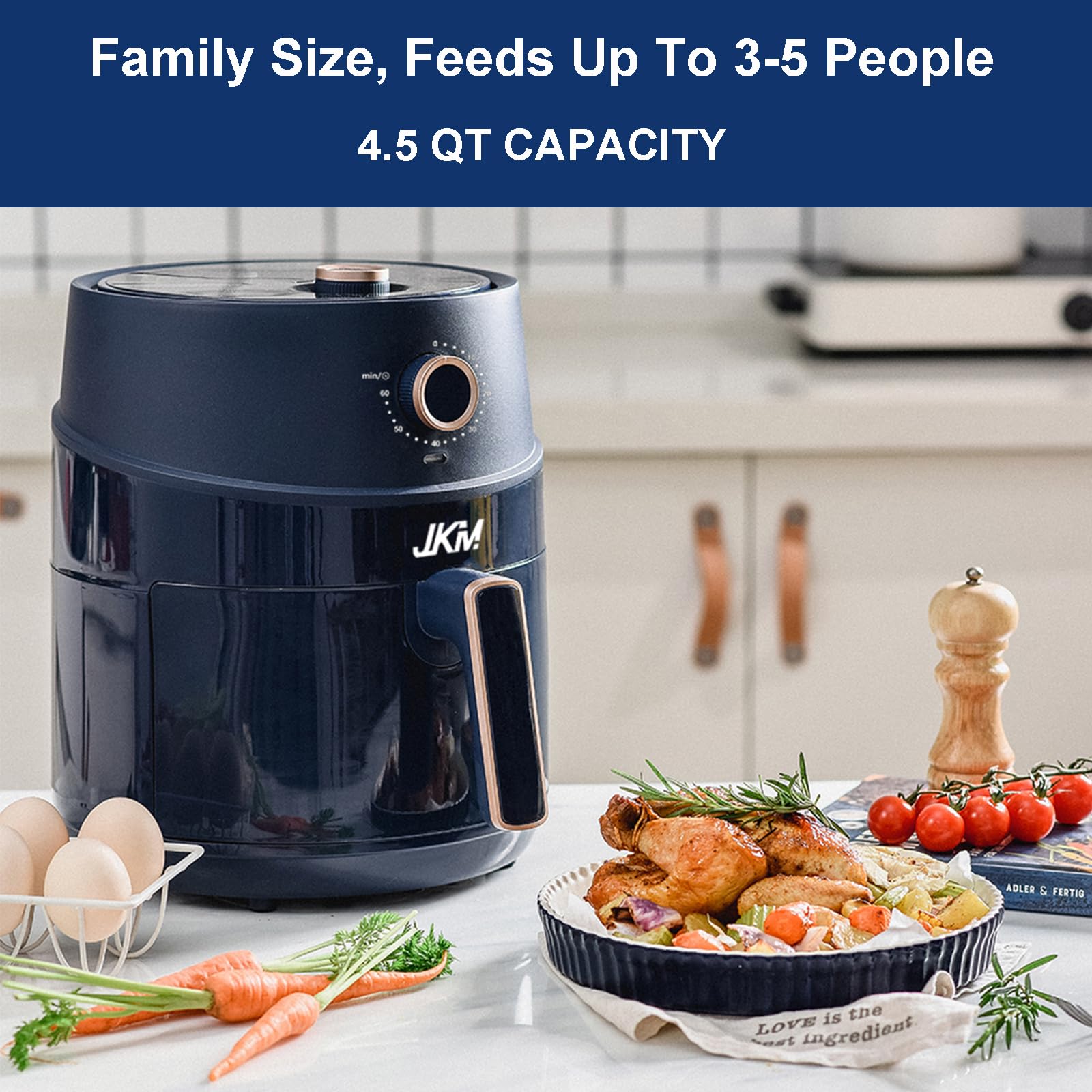 JKM Air Fryer 4.7 Quart, mechanical Air Fryer Oven, Adjustable Timer & Temp, No Oily Smoke Frying Cooking, Auto Shut Off, 1500W, Navy Blue