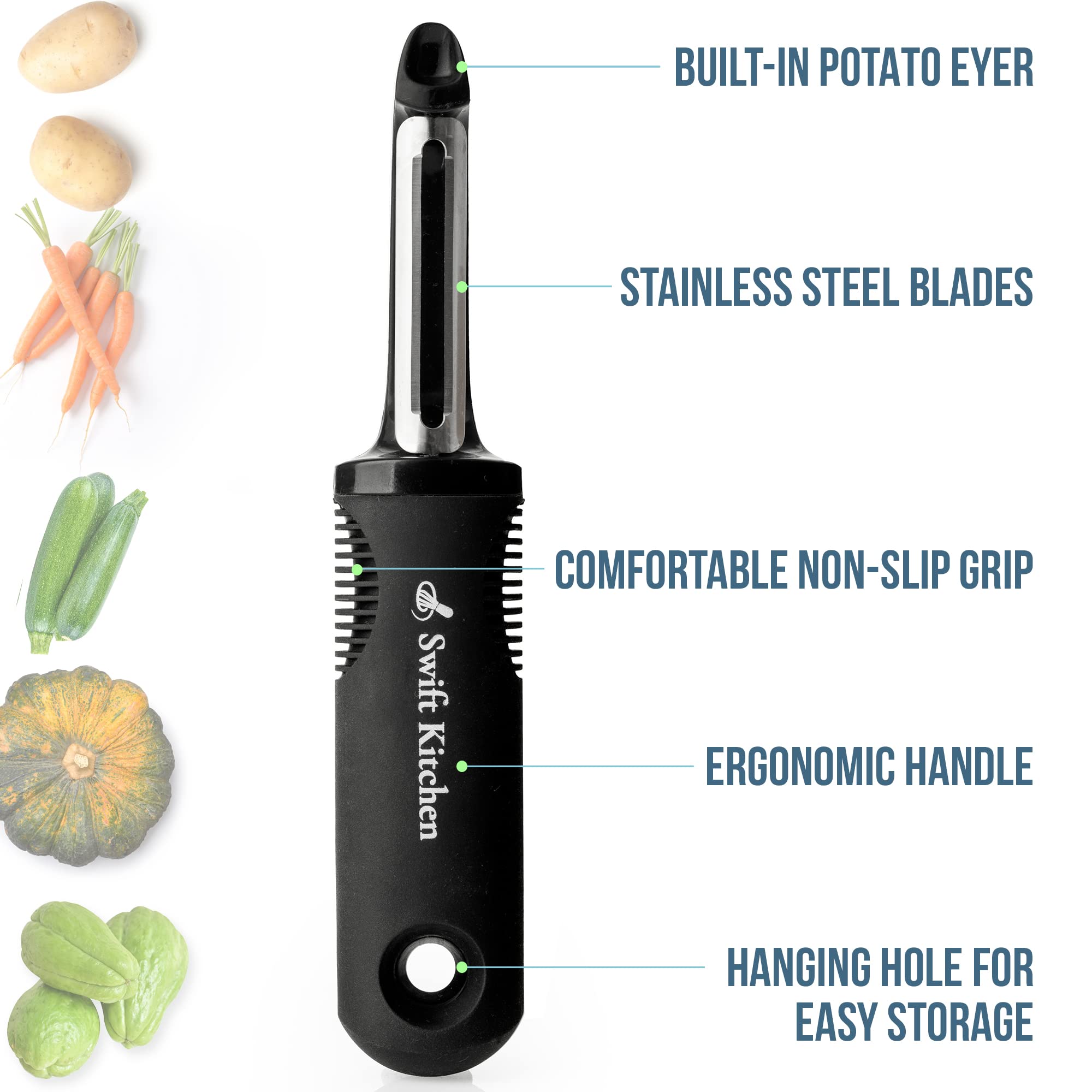 Swift Kitchen Vegetable Peeler with Ultra Sharp Surgical Grade Stainless Steel - Multipurpose, Rustproof, Dishwasher Safe - Peelers for Kitchen, Potato, Apple, Veggie, Fruit