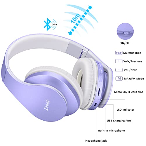 ZIHNIC Bluetooth Headphones Over-Ear, Foldable Wireless and Wired Stereo Headset Micro SD/TF, FM for Cell Phone,PC,Soft Earmuffs &Light Weight for Prolonged Wearing (Purple)