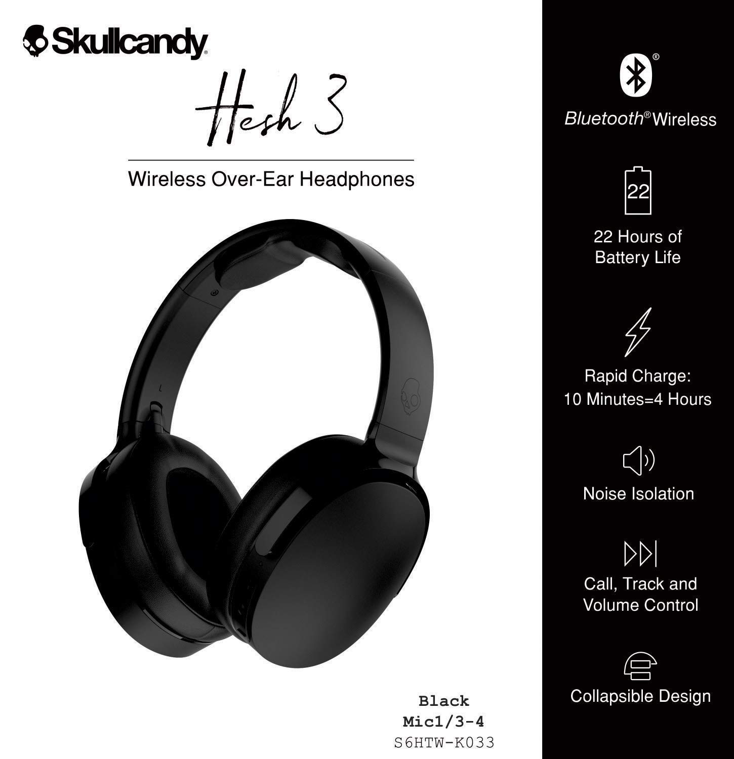 Skullcandy Hesh 3 Bluetooth Wireless Over-Ear Headphones with Microphone, Black (Renewed)