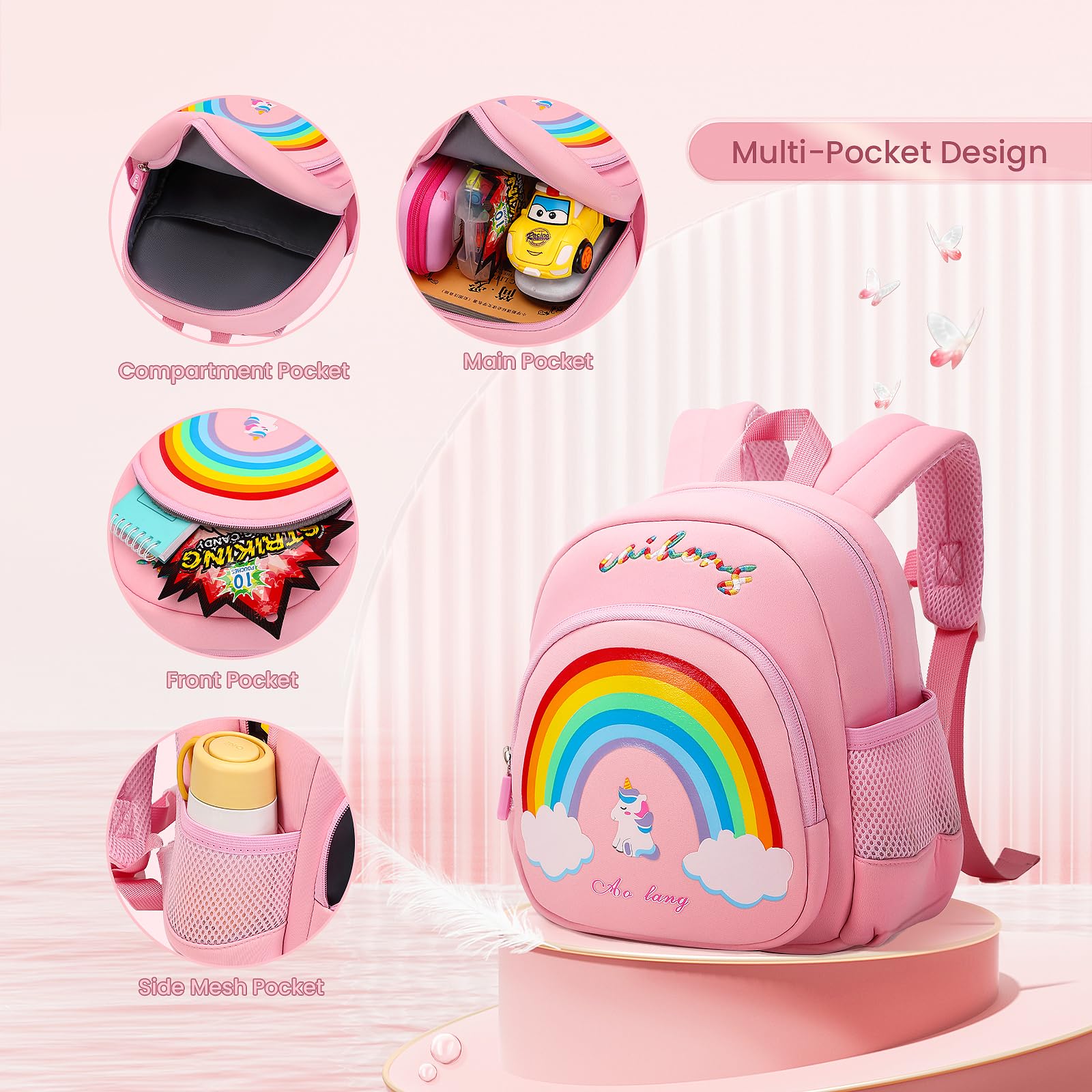 MUSEVOS Rainbow Toddler Backpack for Kids 1-3, Mini Toddler Backpack Boys 2-3 Year Old Girls, Small Neoprene Preschool Backpack for Kids with Anti-lost Safety Leash for Daycare Outdoor