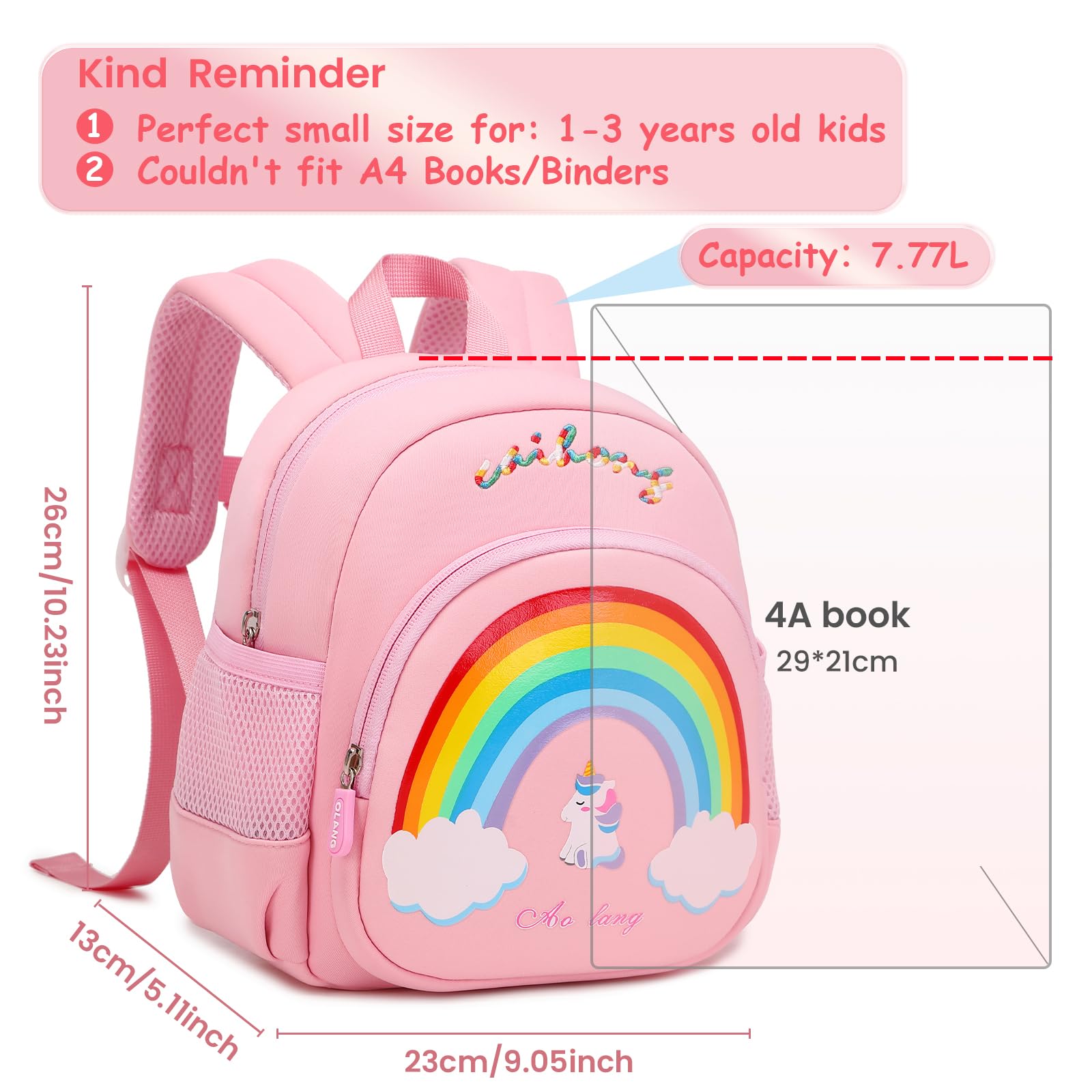 MUSEVOS Rainbow Toddler Backpack for Kids 1-3, Mini Toddler Backpack Boys 2-3 Year Old Girls, Small Neoprene Preschool Backpack for Kids with Anti-lost Safety Leash for Daycare Outdoor