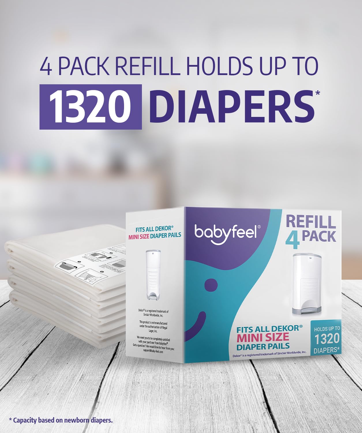 Babyfeel Refills Compatible with DEKOR MINI Diaper Pails | 4 Pack | Exclusive 20% Extra Thickness | Diaper Pail Refills with Powerful Odor Elimination | Powder Scent | Holds up to 1320 Diapers