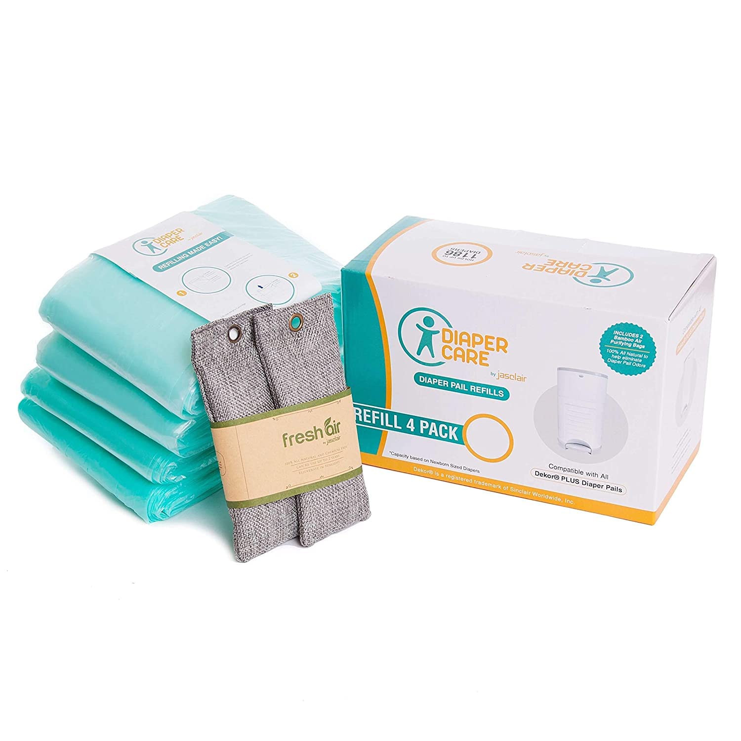 4 Pack Diaper Refill Liners – Compatible with Dekor PLUS Refill - Disposable Diaper Pail Liners Hold Up To 2372 Diapers – Baby Scented Refills with Natural Charcoal Smell Eliminator Bags