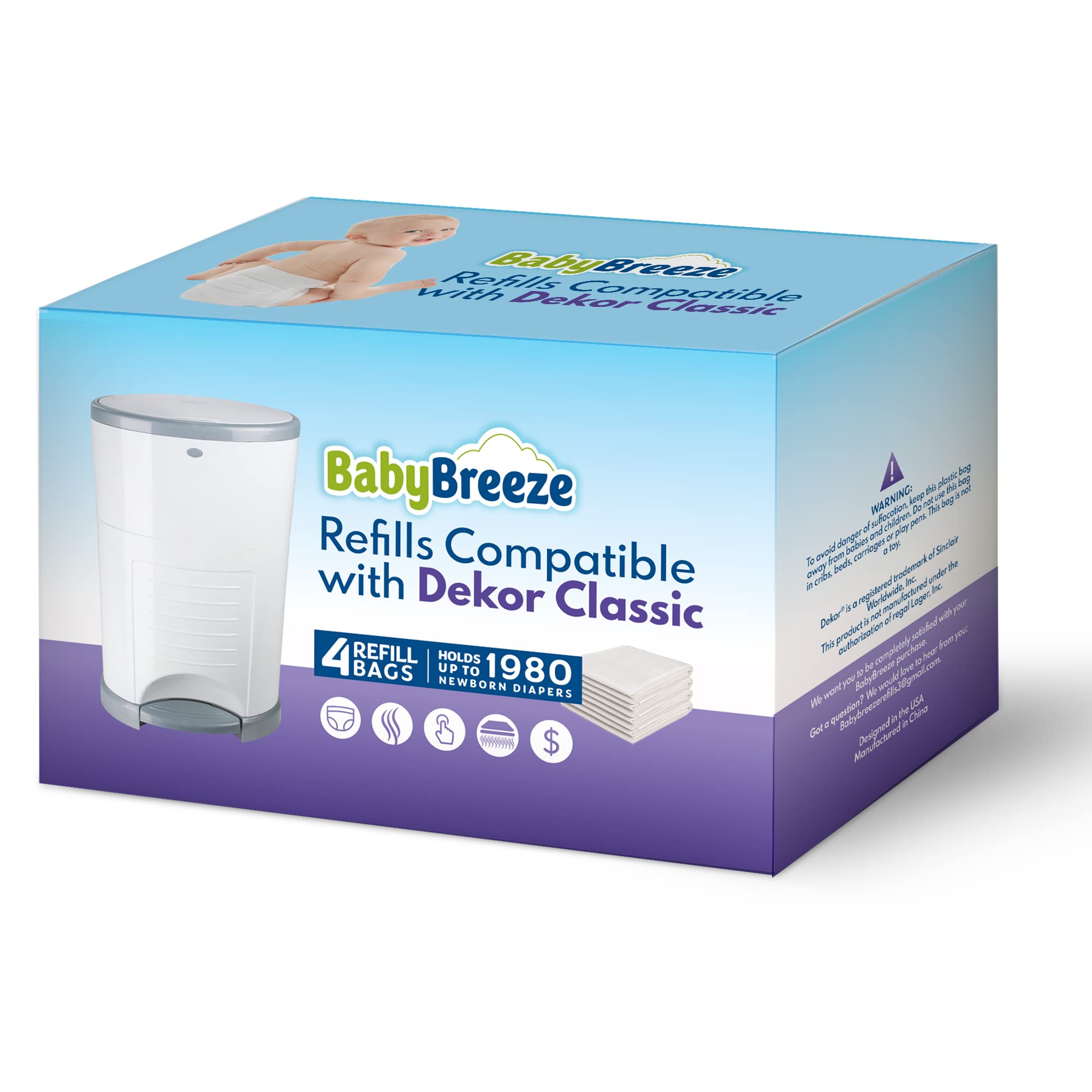 Diaper Pail Refills Compatible with Dekor Classic Diaper Pail 4 Refill Bags Holds 1980 Diapers – Strong, Durable Baby Powder Scented Refills Bags