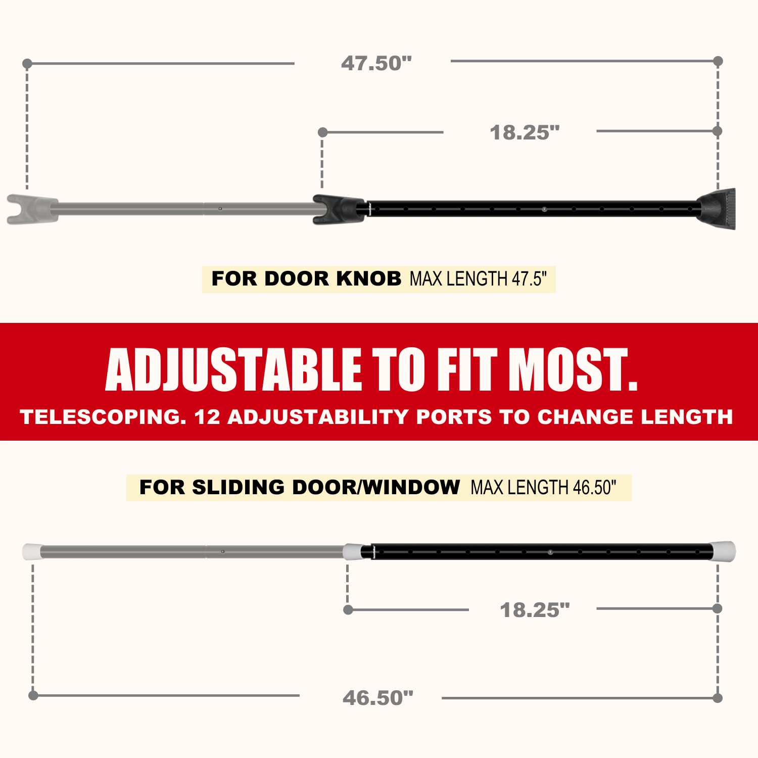 SECURITYMAN 2-in-1 Door Security Bar & Sliding Door Security Bar - Door Jammer Constructed of High Grade Iron - Black Door Stoppers Security Bar