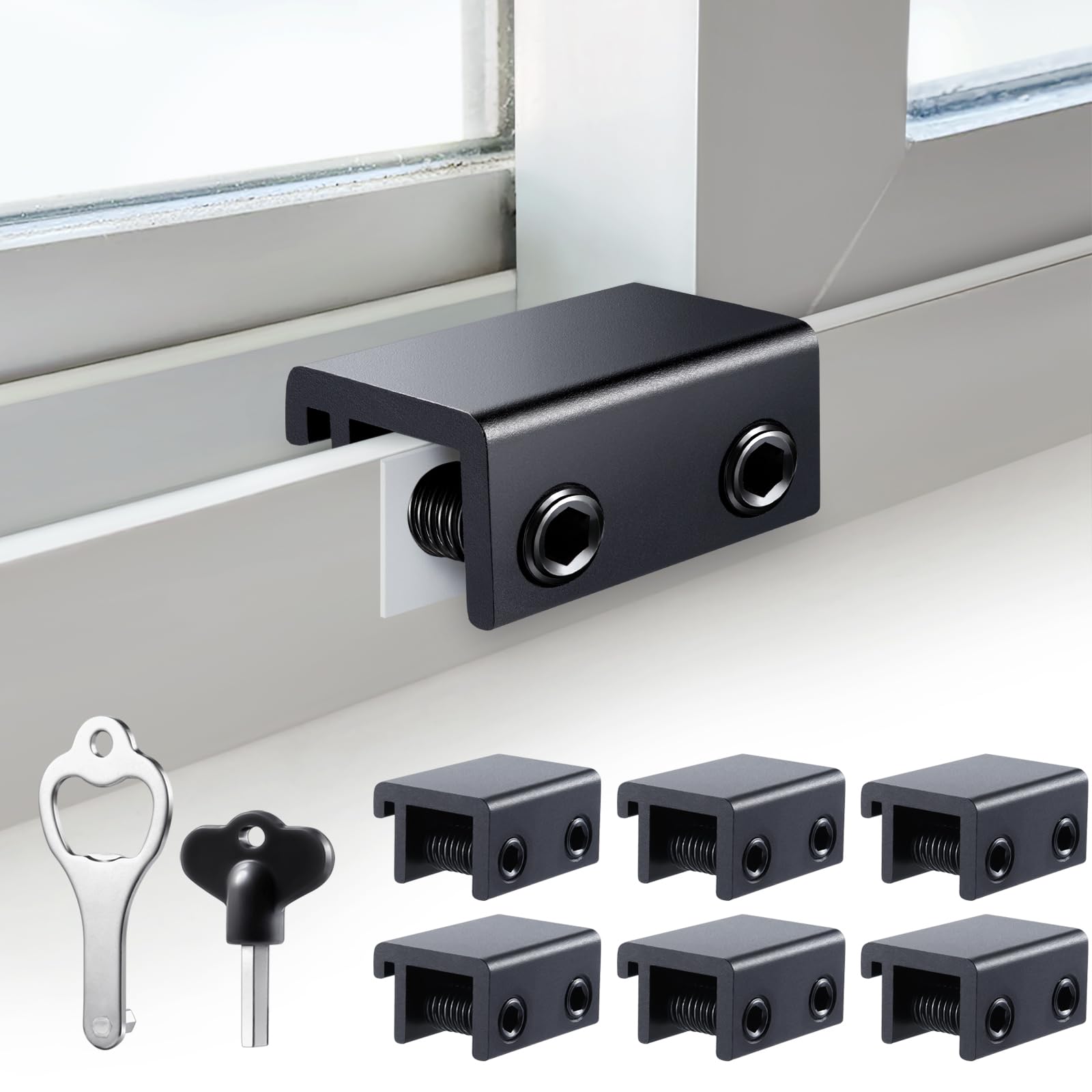 Sliding Window Locks (6 Sets), Security Window Locks with Keys, Adjustable Aluminum Sliding Window Stops, Easy Installation Without Drilling, for Vertical and Horizontal Sliding Windows (Black)